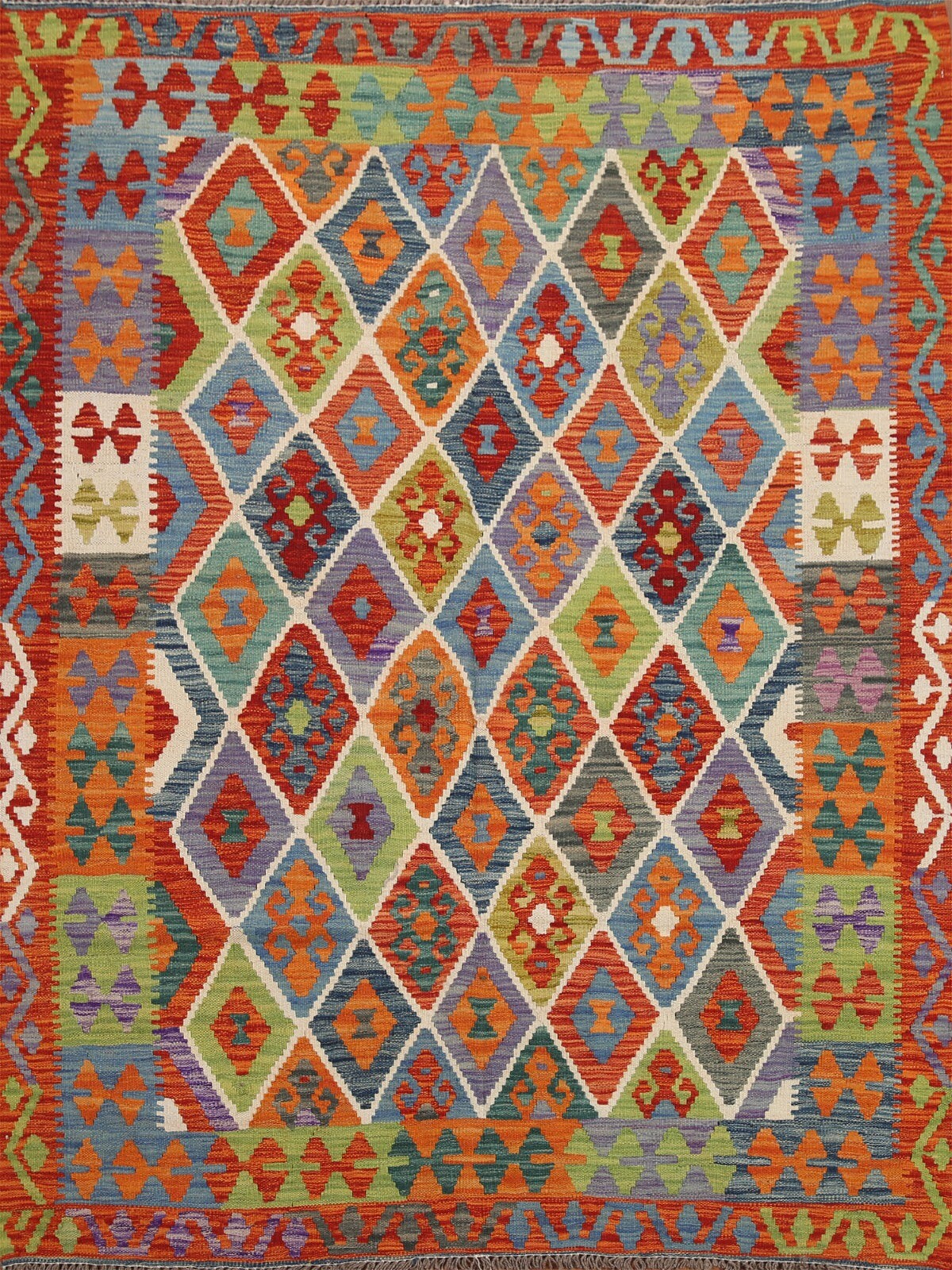 Geometric Reversible Kilim Kelim Colorful Rug 5×6 Wool Flat-Woven Carpet