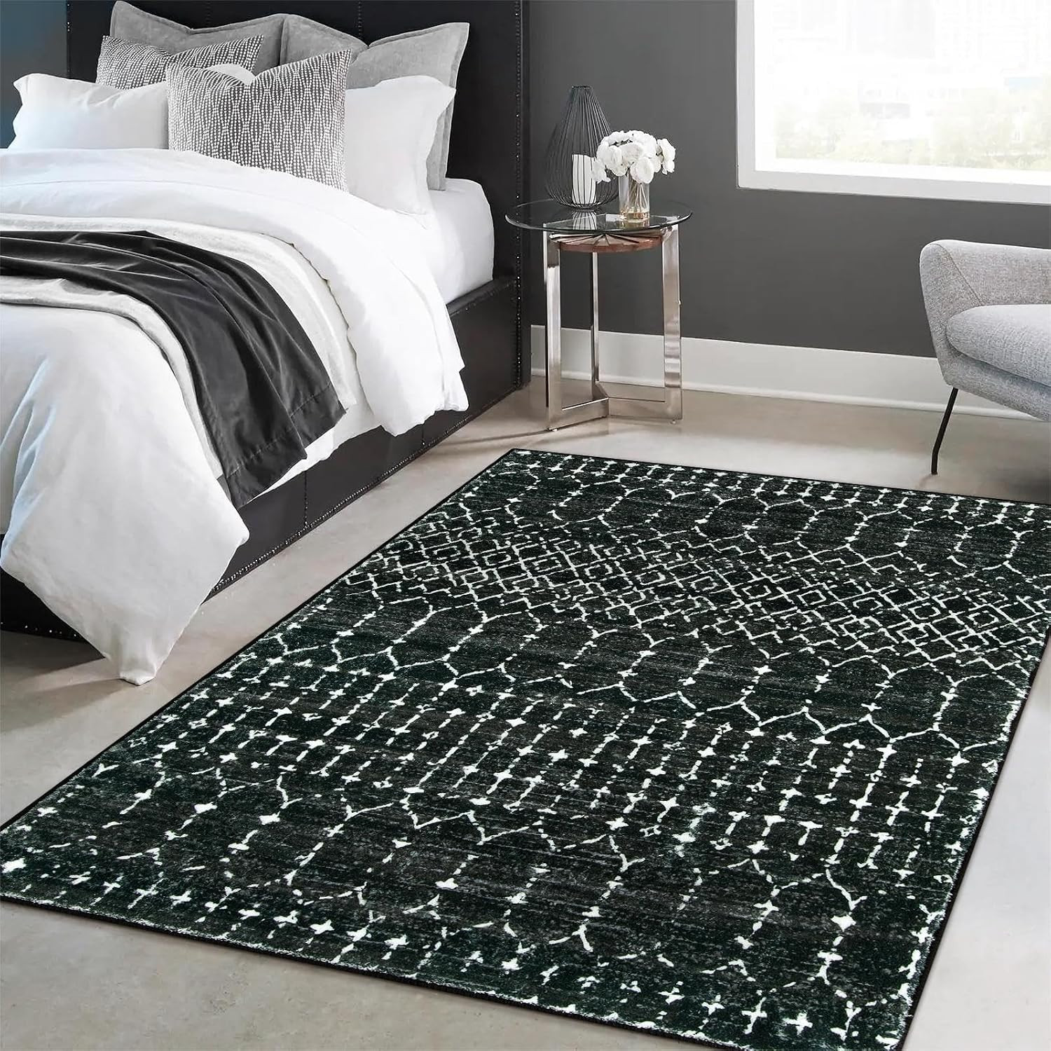 Moroccan Black Area Rug for Living Room 3X5 Non-Slip Washable Stain Resistant La