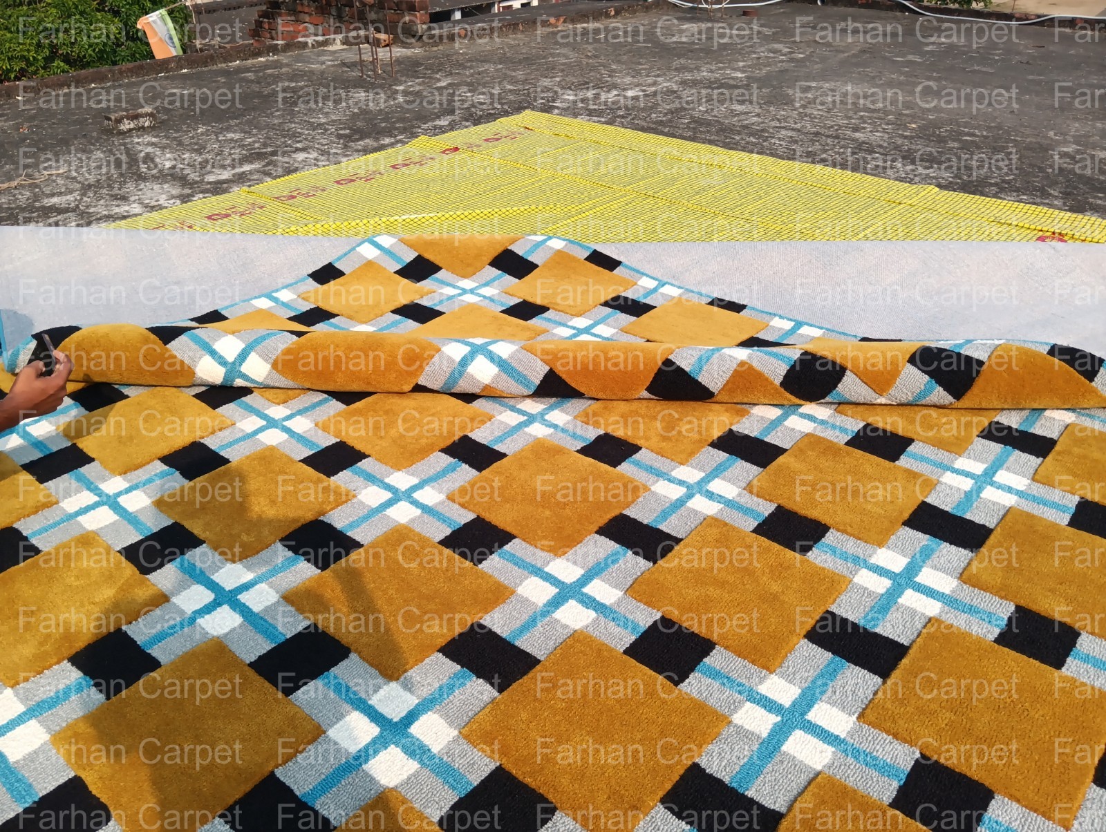 Hand Tufted Geometric Area Rug 12×15 Ft | Modern Checkered Wool Carpet for Large