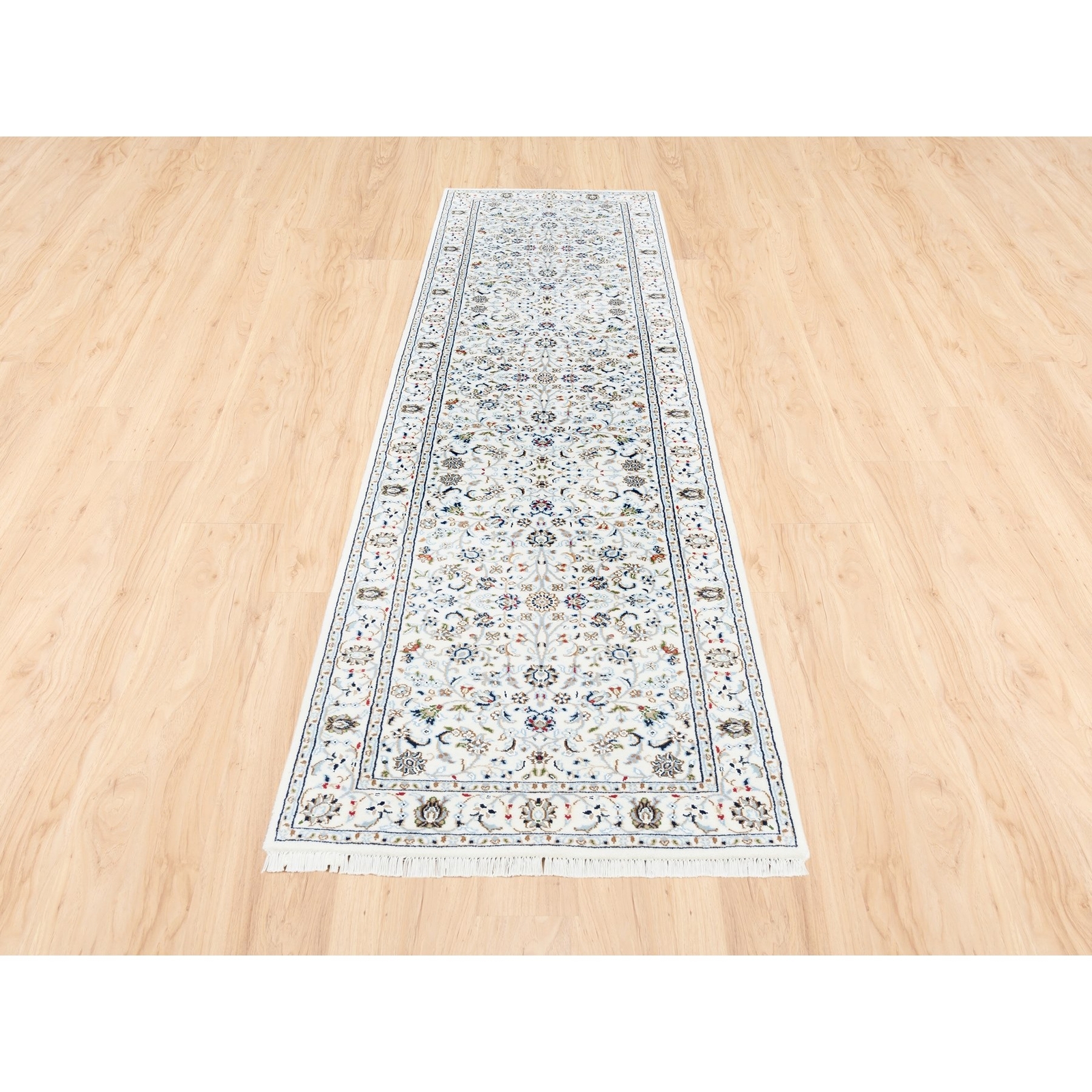 2’10 x 10 Wool and Silk Ivory Nain All Over Design Hand Made Runner Rug G11197
