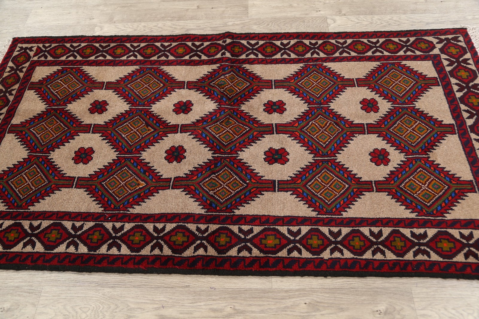 Geometric Beige Wool Handmade Rug 3×6 Tribal Oriental Foyer Carpet