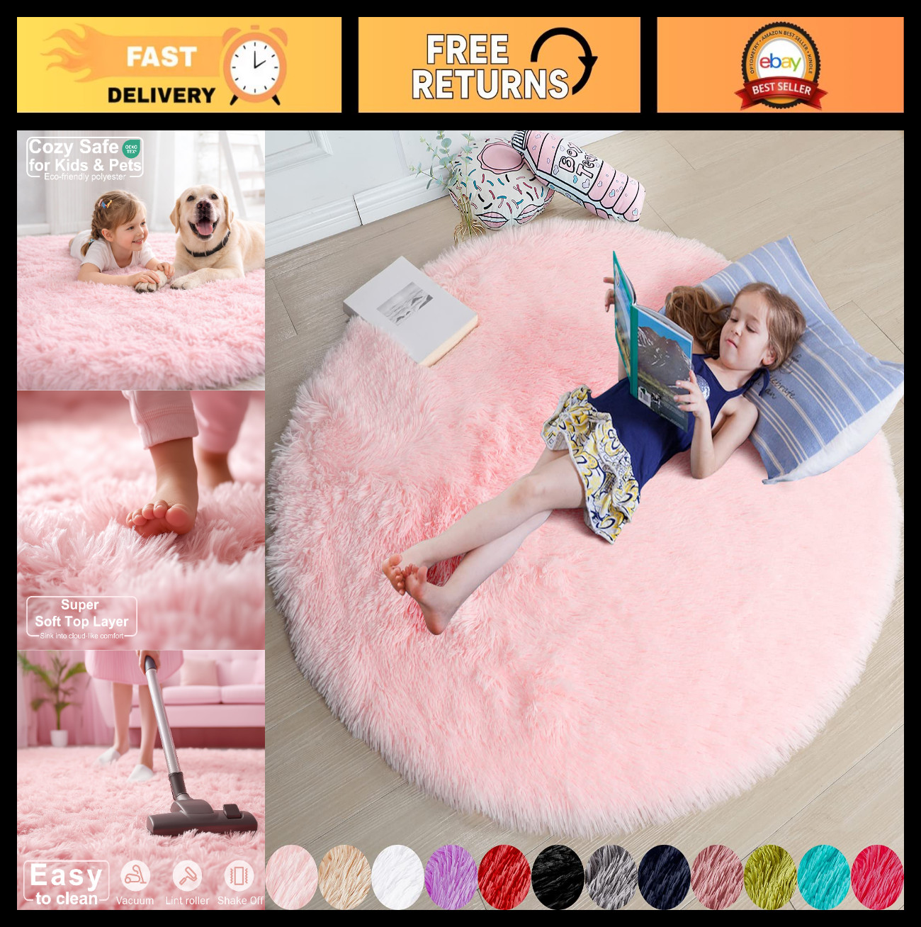 Light Pink Round 4Ft Circle Rug for Girls Bedroom – Fluffy Shag Area Rug for Kid