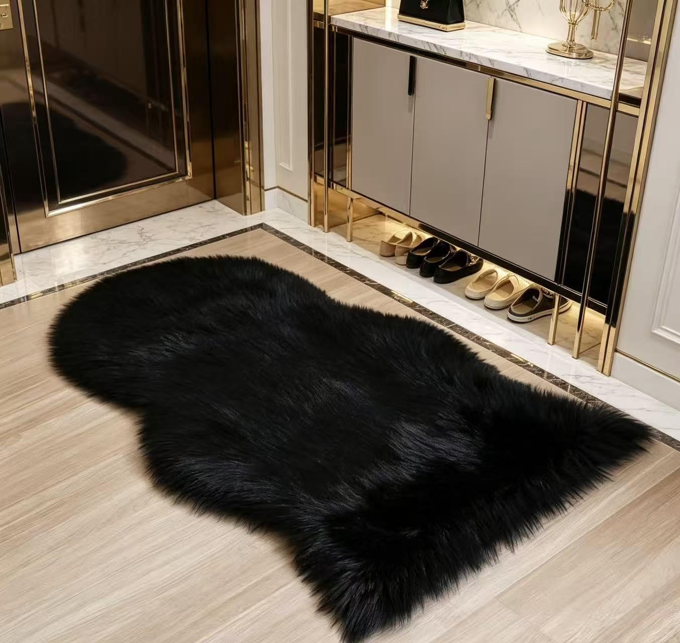 CKLZSAY Faux Fur Rug 2 x 3 ft Sheepskin Shaggy Fuzzy Black Area Rug Super Sof…