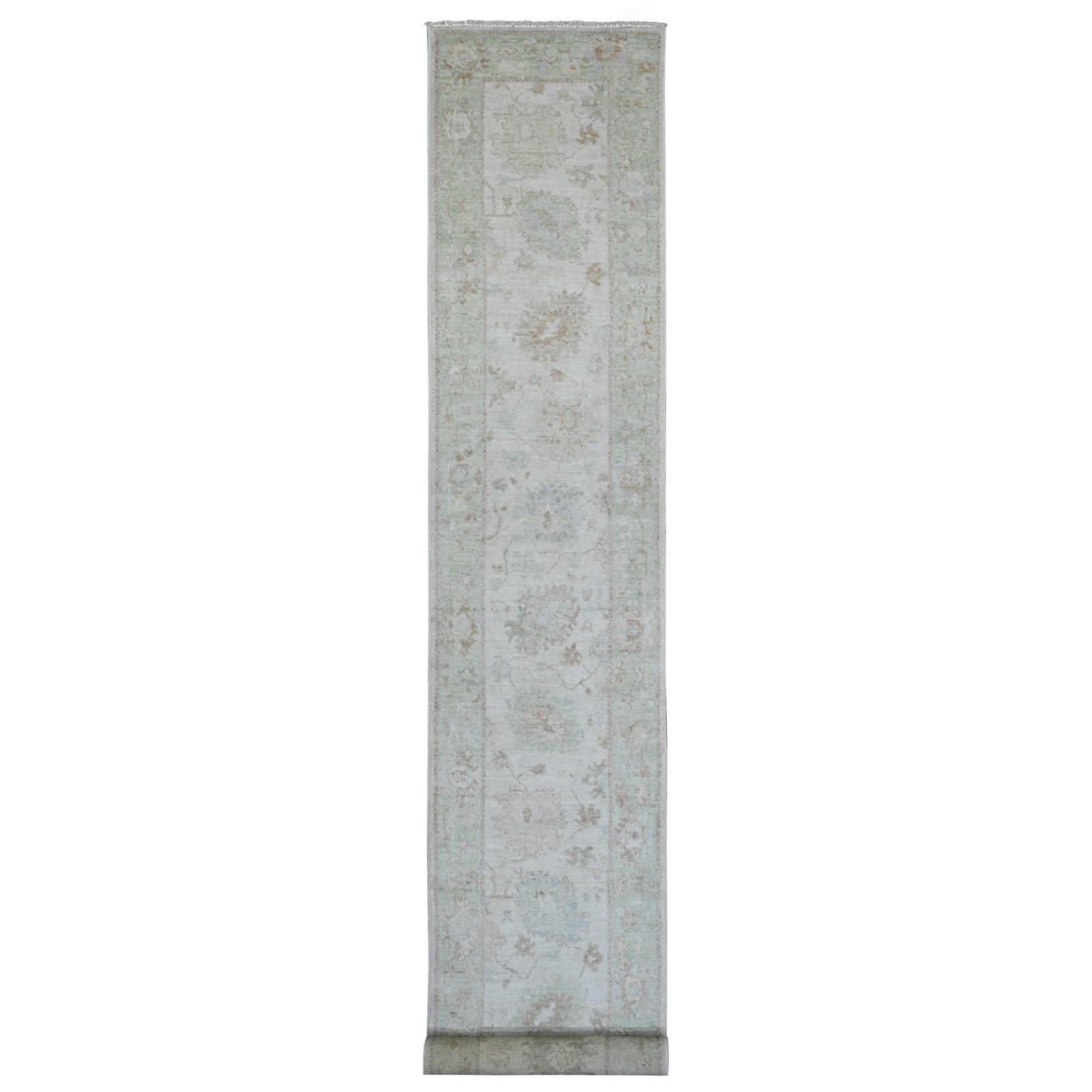 2’10” x 19′ White Angora Oushak Leaf Design Wool Hand Knotted Runner Rug R89907