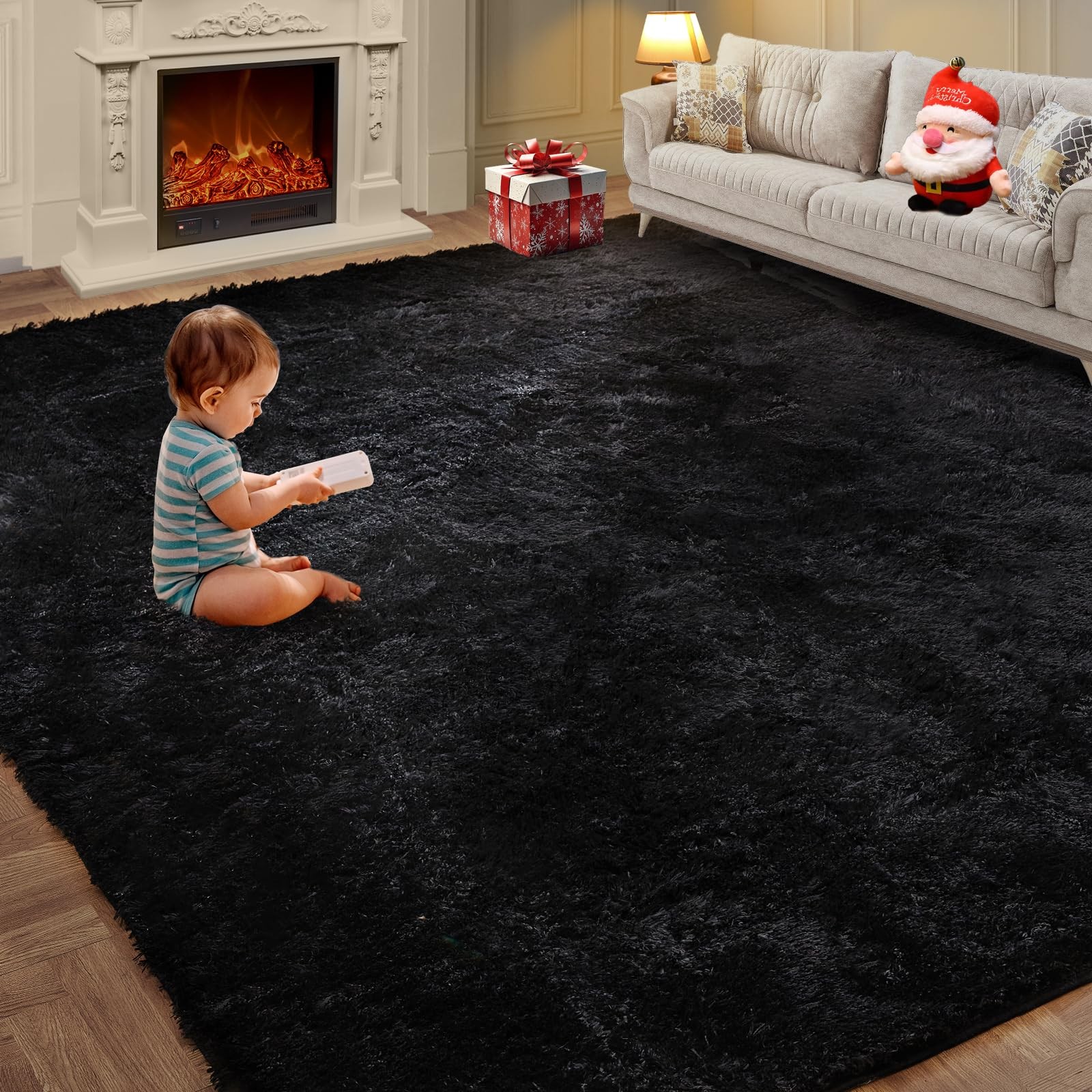 Super Soft Area Rugs for Living Room 5×7 Black, Fluffy Furry Shaggy Fuzzy Are…
