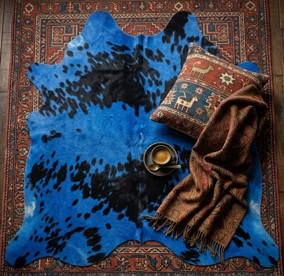 Real Cowhide Rug Dyed Blue Black Spots 5×5 Genuine Hair On Hide Area Rug