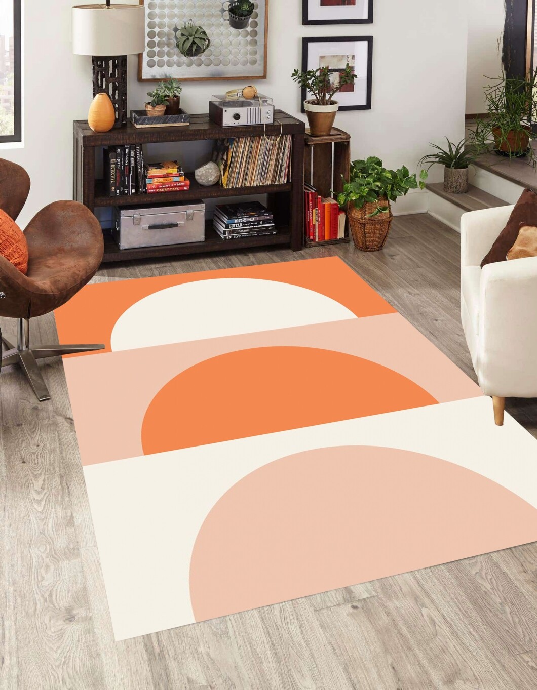 Minimalist Geometric Area Rug Orange Grey Arched Semicircle Rug for Living Room
