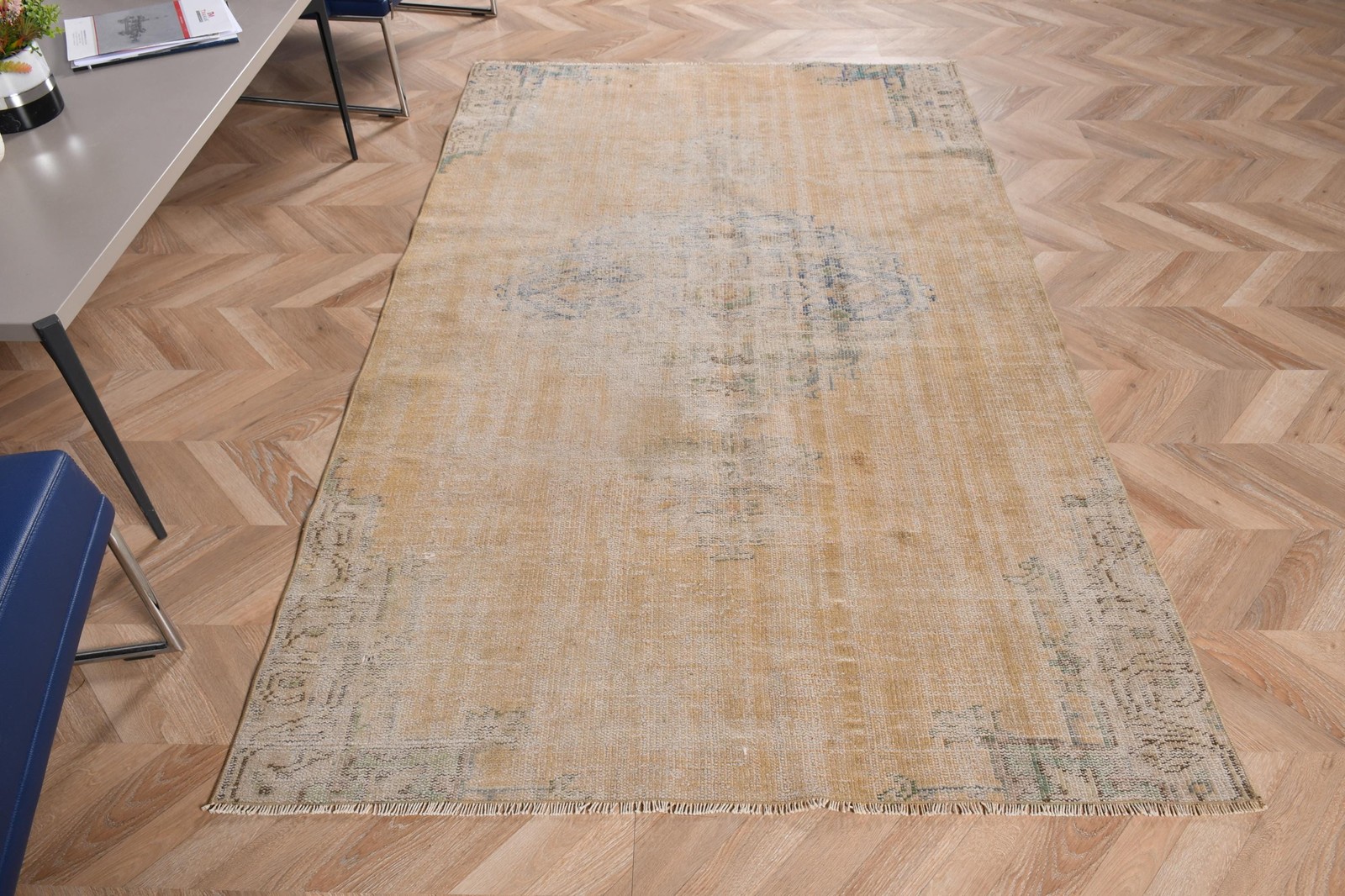 4,3×7 ft Rug, Turkish Vintage Rug, Yellow Wool Rug