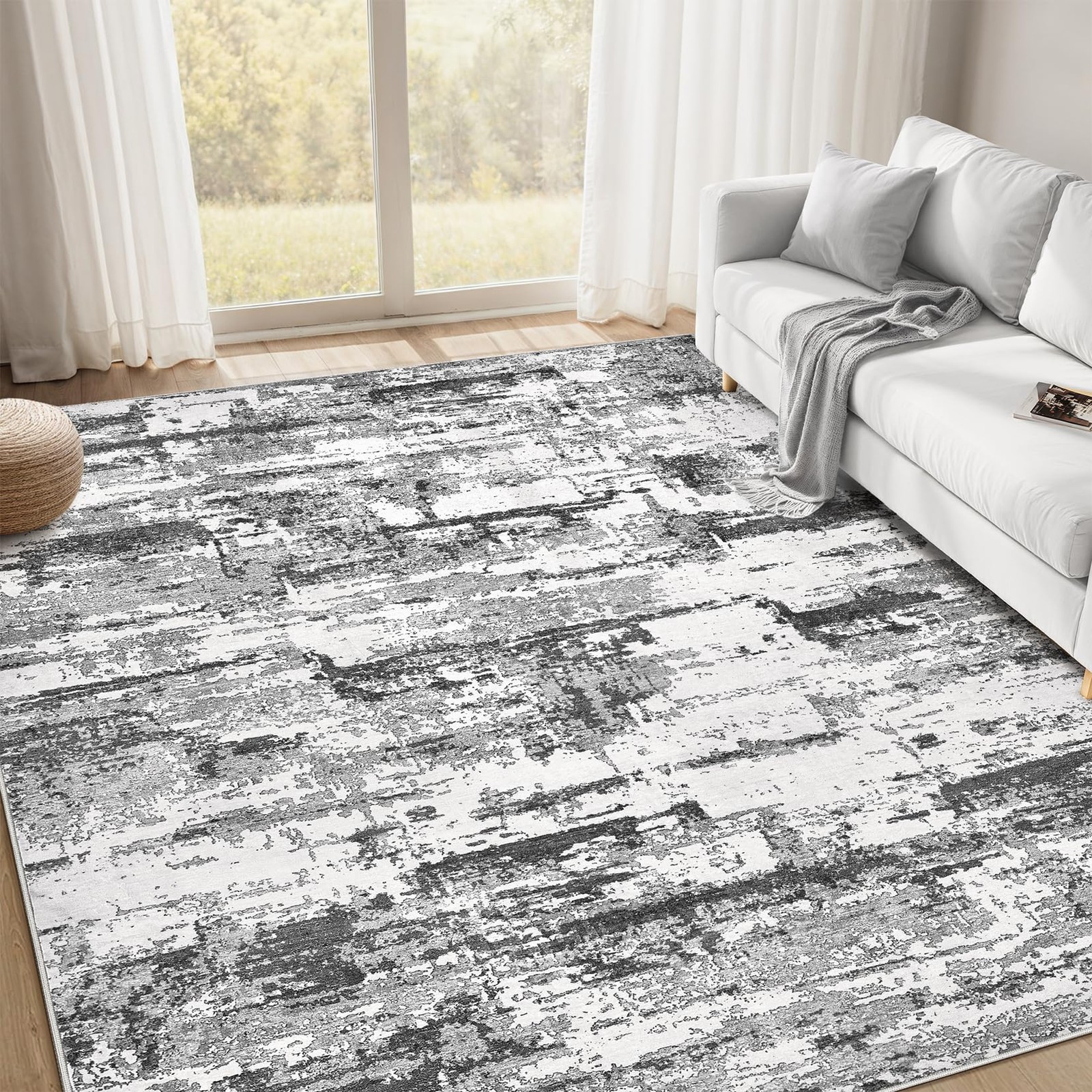 5×7 ft Washable Abstract Area Rug Black Grey Modern NonSlip Floor Carpet