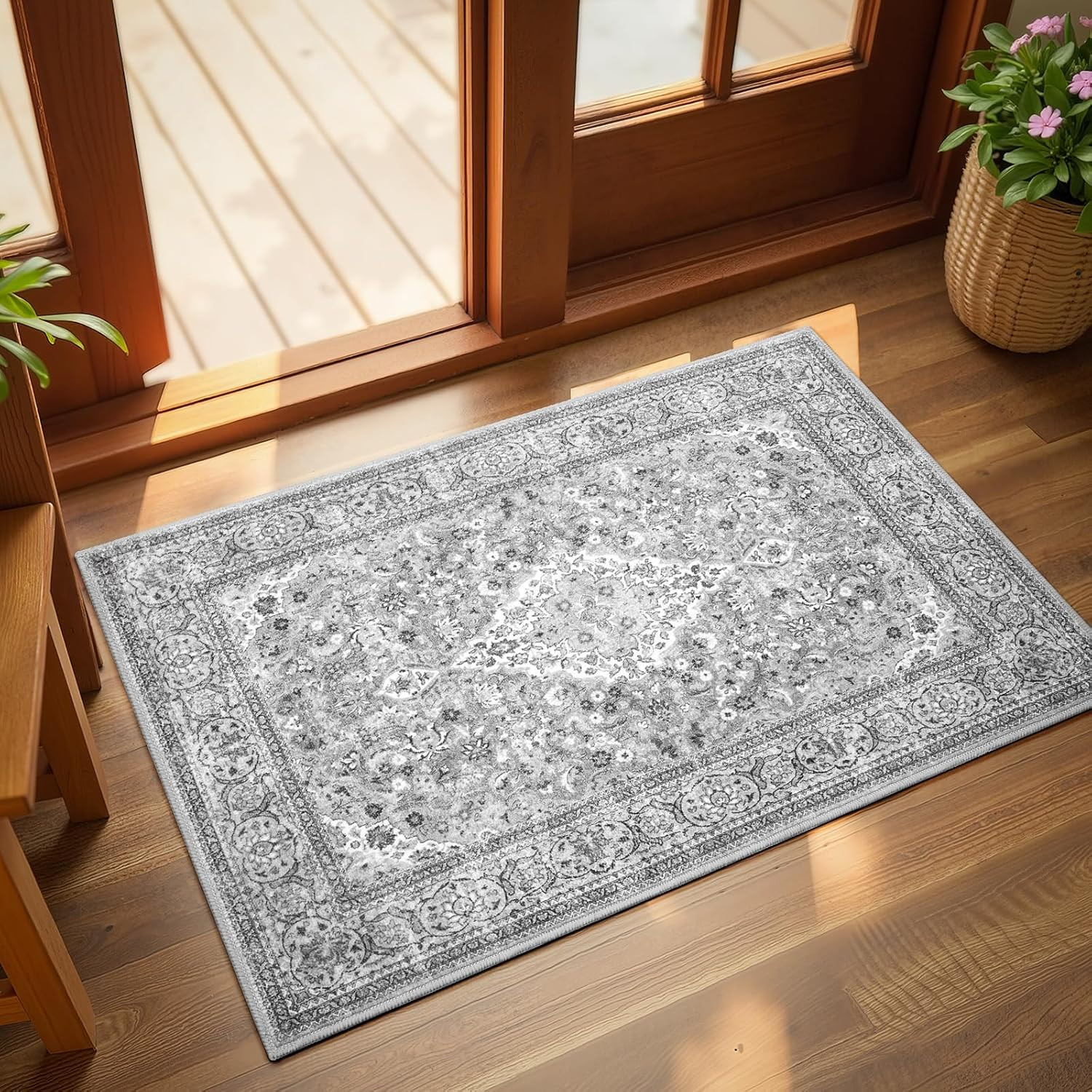 Grey Small Washable Area Rug, 2×3 Boho Vintage Entryway Rugs, Soft Non Slip Flor