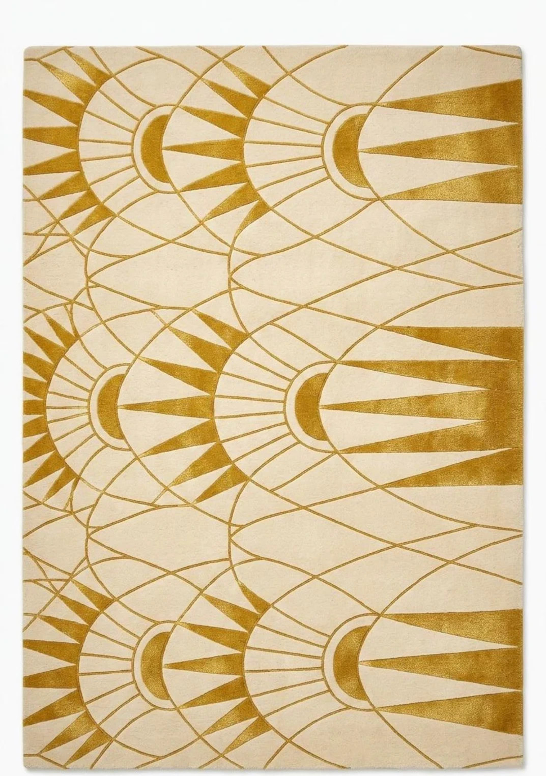 Handmade Hand Tufted Wool Area Rug, Art Deco Sunburst Carpet, Gold Beige Luxury