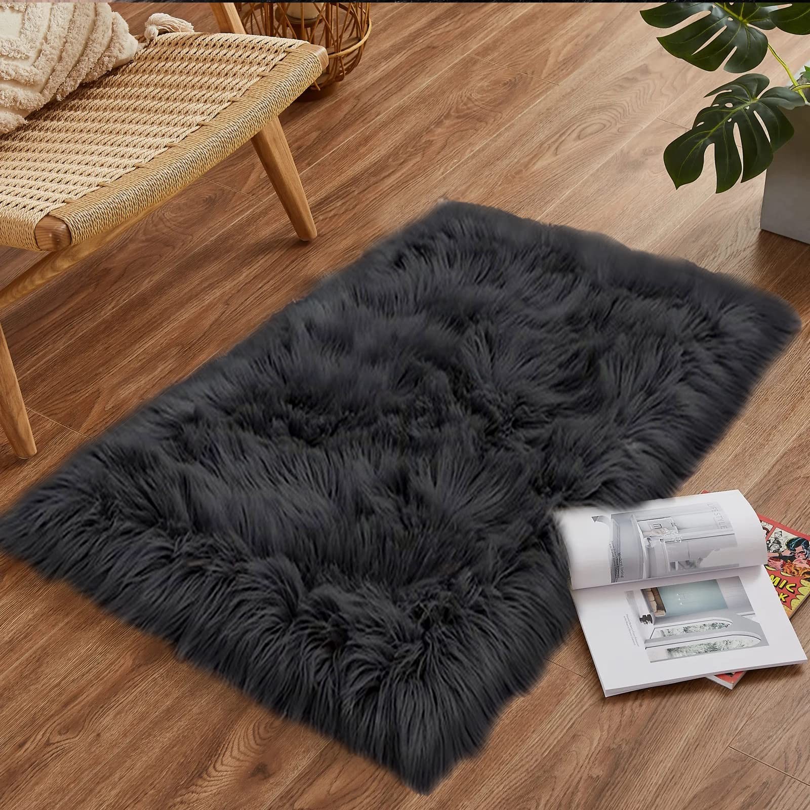 Goolela Black Fluffy Faux Fur Rug 2×3 Black Fuzzy Furry Sheepskin Rug Small C…
