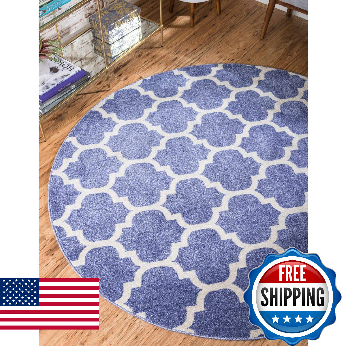 Unique Loom Trellis Collection Area Rug – 3 3 Round Light Blue/Beige
