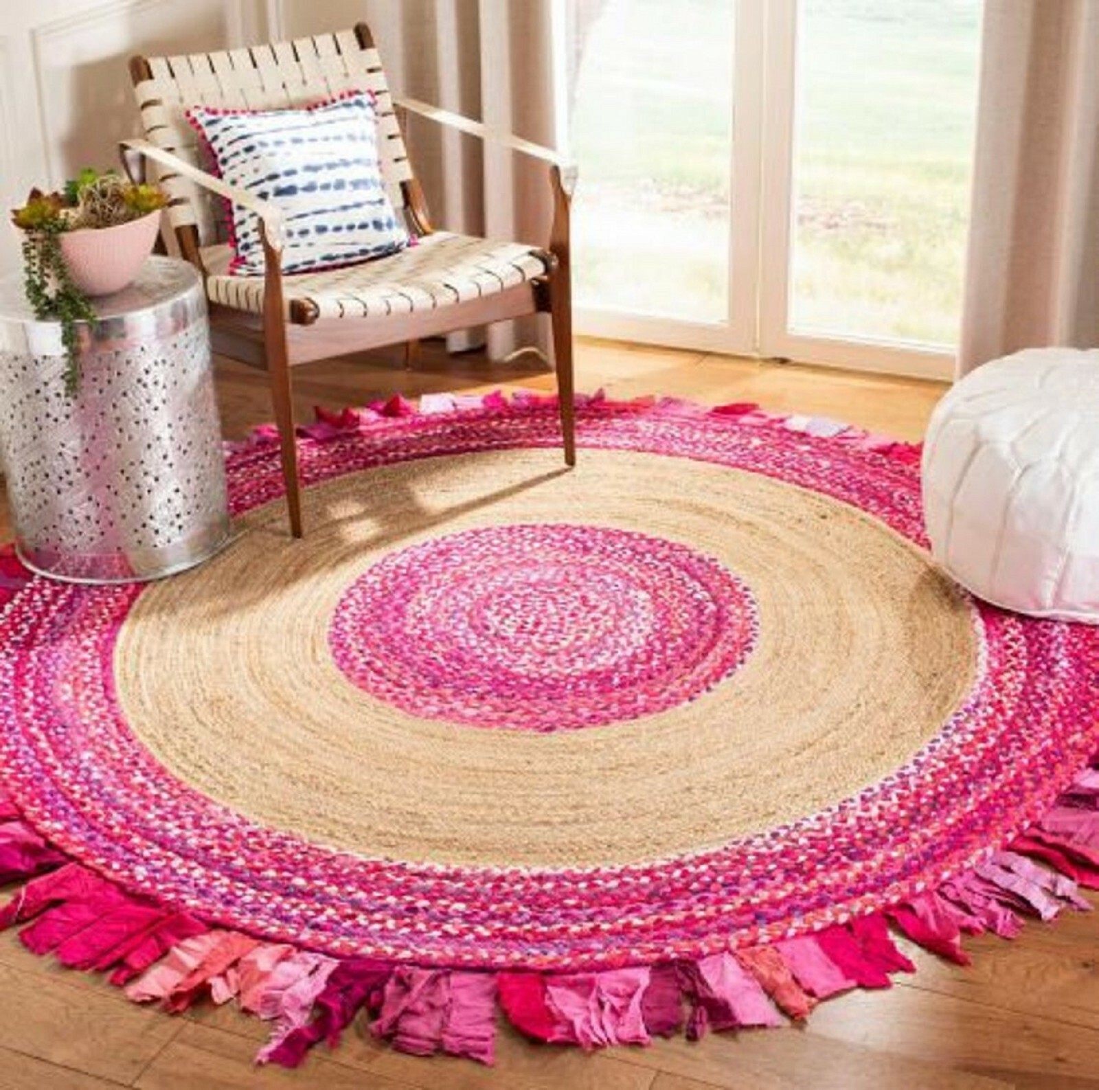 Rug Jute Cotton Carpet Round Natural Farmhouse Jute Runner Rustic Handmade Rug