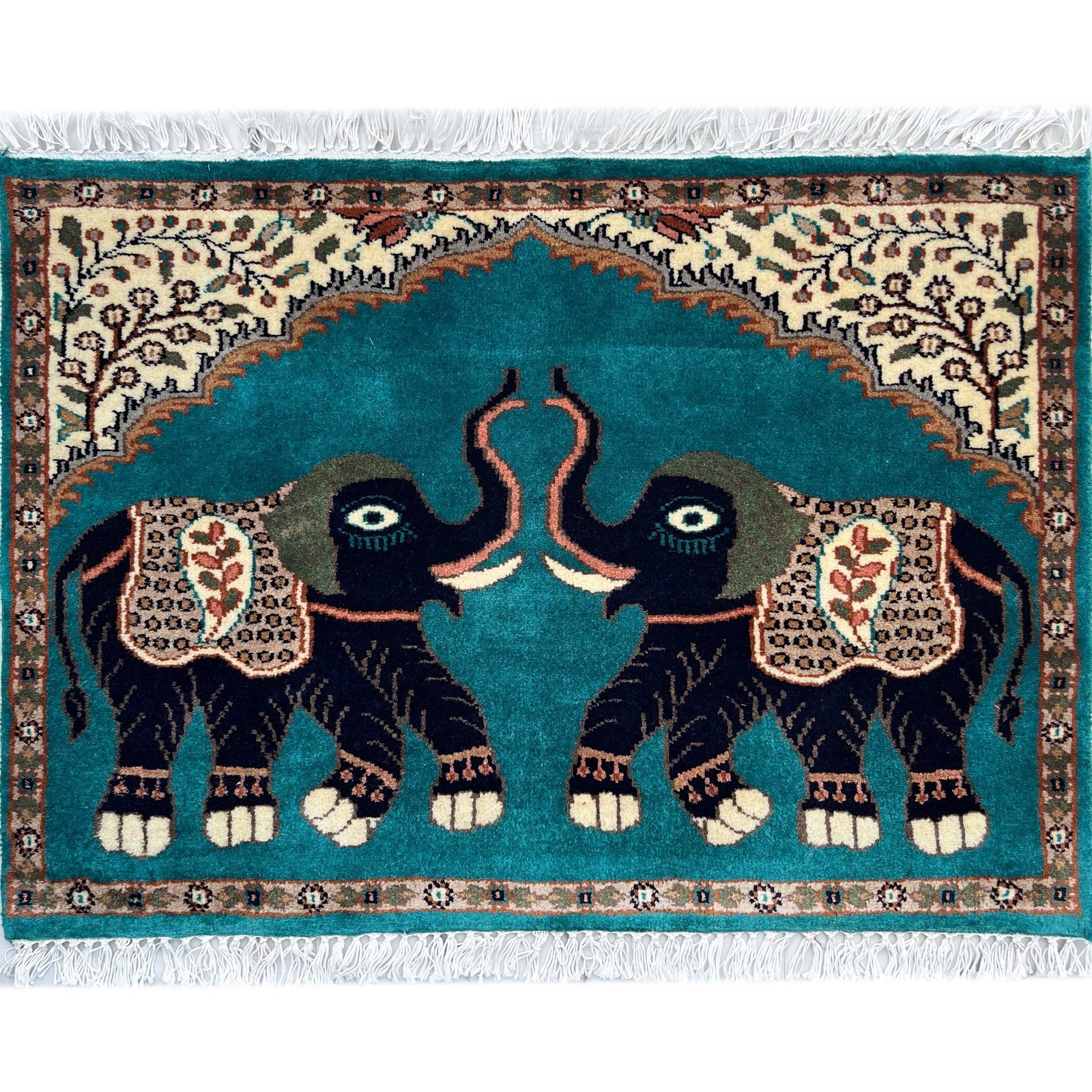 Hand Knotted Woolen Rug 3×2 ft (90 x 60 cm), Jaipuri Elephant, Turquoise