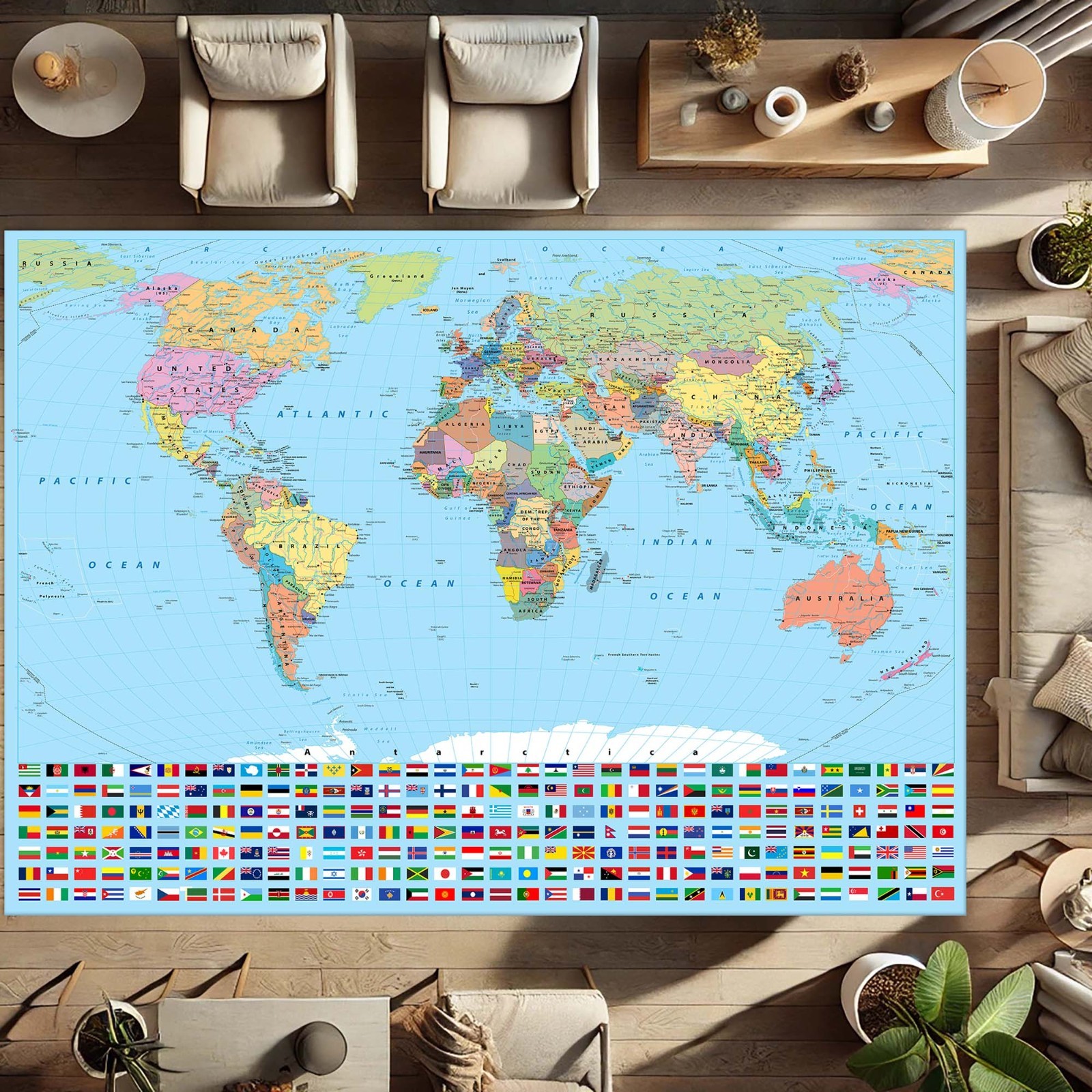 World Map With Flags, Educational Geography Rug, Kids Learning Carpet