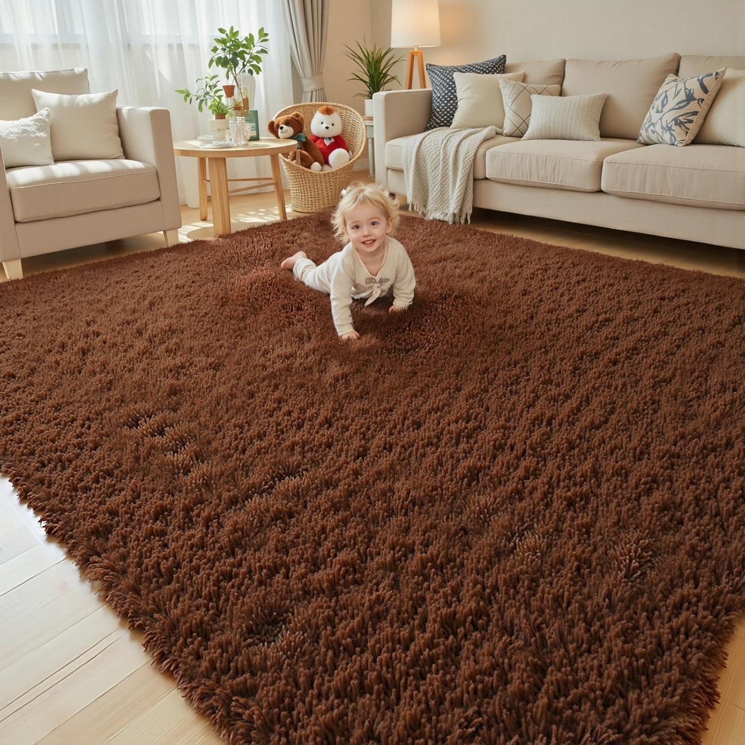 Fluffy Area Rugs Large Brown Soft Shaggy Carpet for Living Room Bedroom Floor