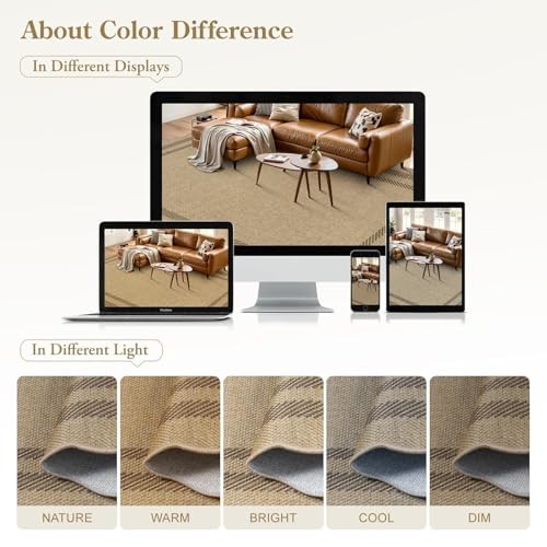 Scalloped Easy Jute 3×5 Outdoor Rug, Washable Non-Slip Geometric Tan Rugs for