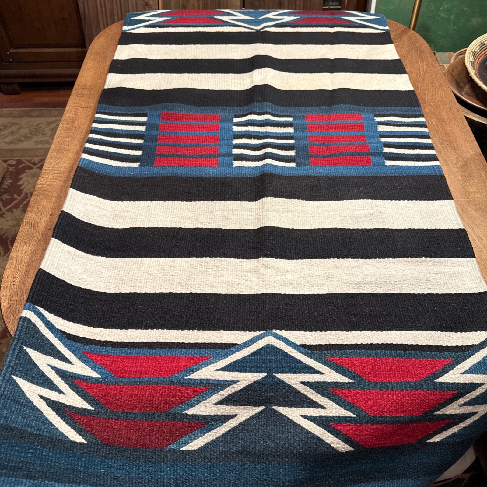 Native Wool Rug Chiefs Style Blanket Stripe Black Teal Green Blue Red 65” AS IS