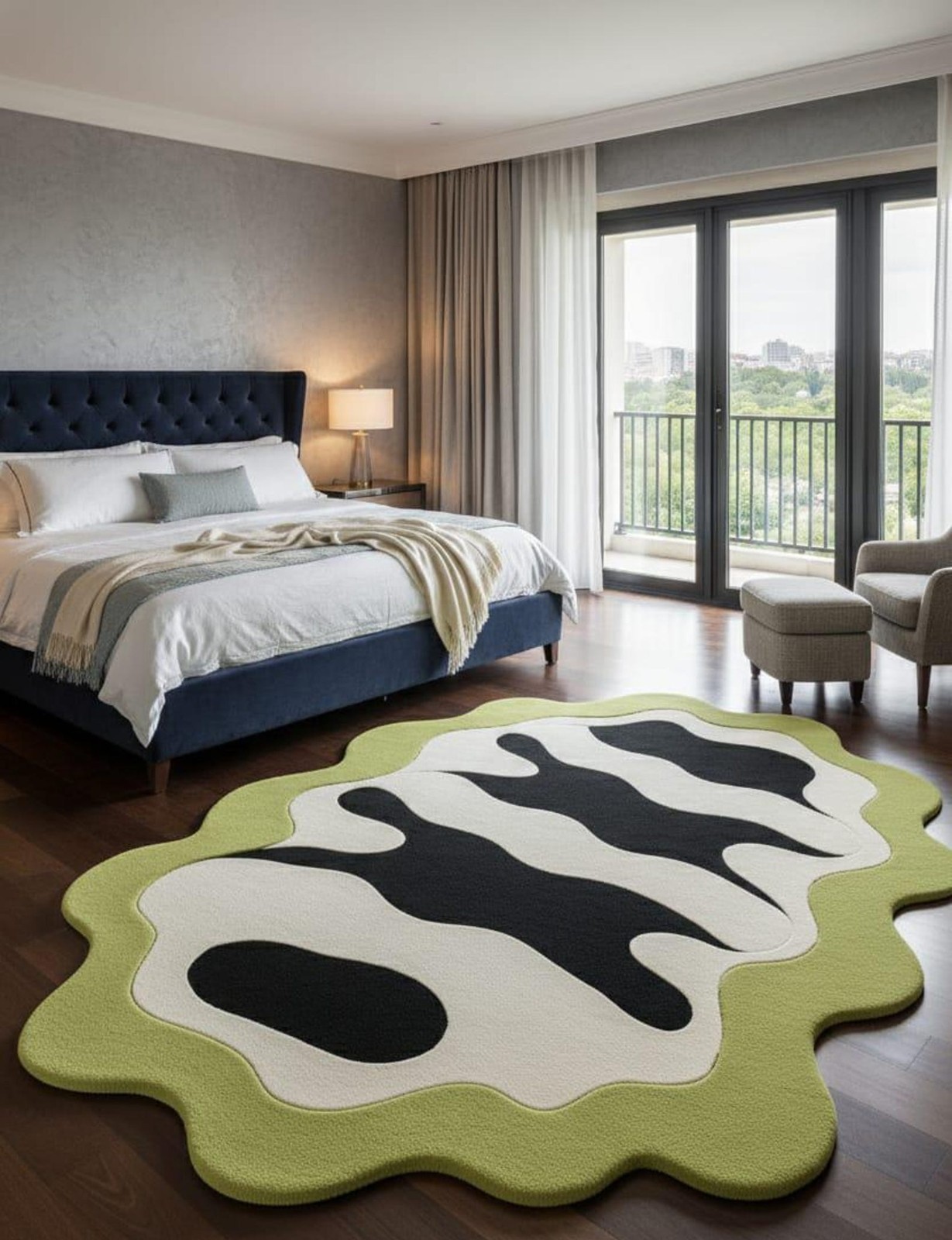 Wavy Abstract Rug Green Black Modern Irregular Shape Wool Carpet