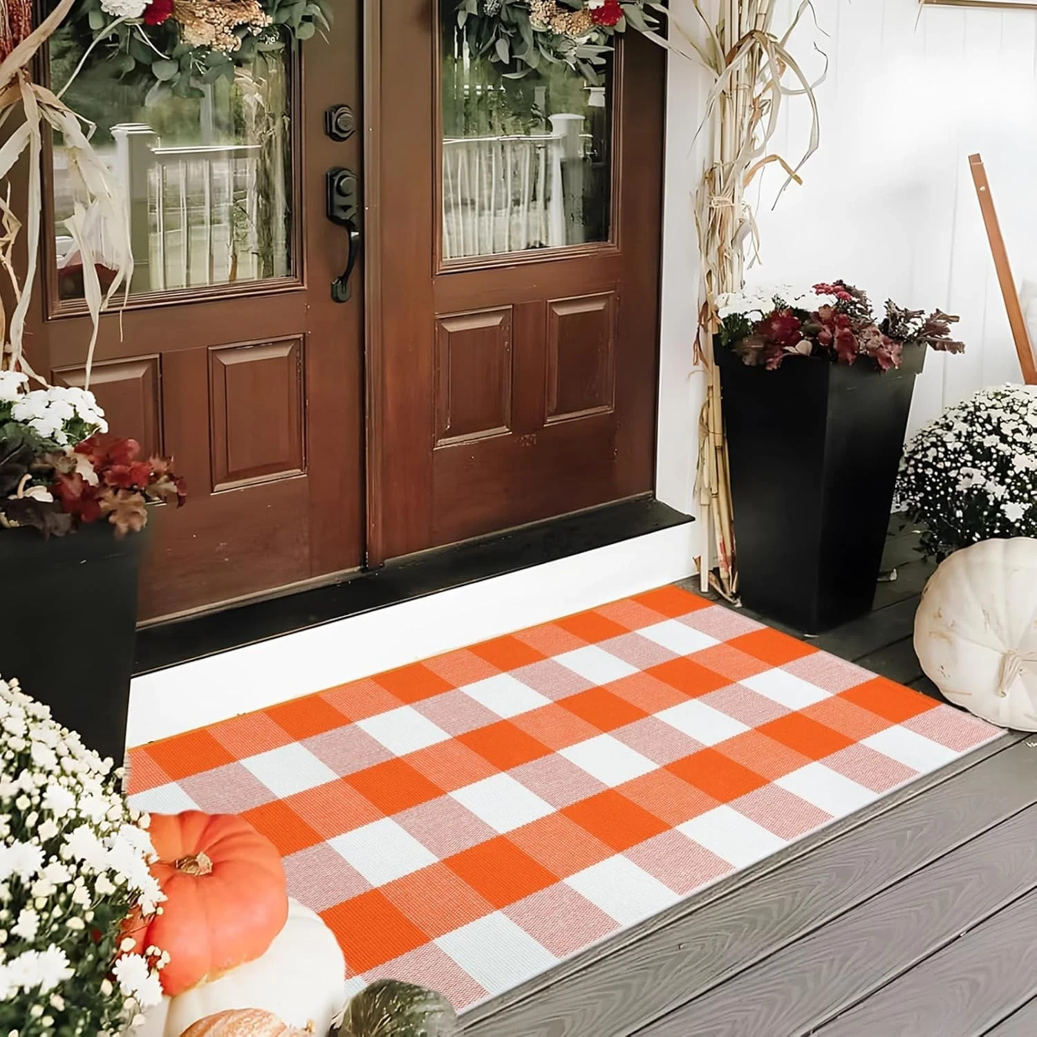 Buffalo Plaid Outdoor Rug 2X4, Fall Decor Orange and White Entryway Rugs, Autumn