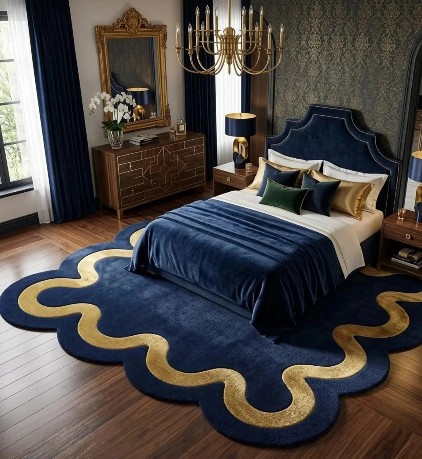 Navy Blue Irregular Area Rug, Gold Wave Hand Tufted Wool Carpet, Modern De