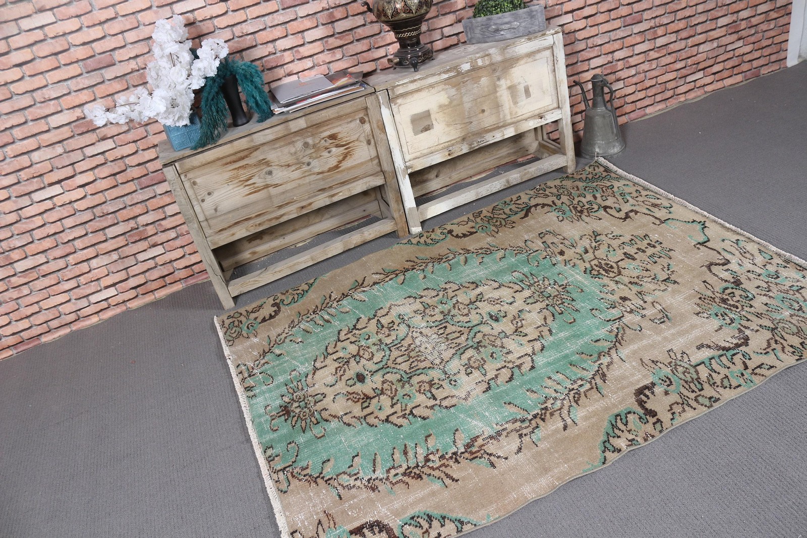 Vintage Rug, Area 4,4×5,6 ft Rug, Green Handmade Rug