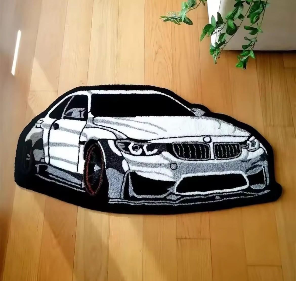 Car Shaped Area Rug Black White Gray for Bedroom Living Room