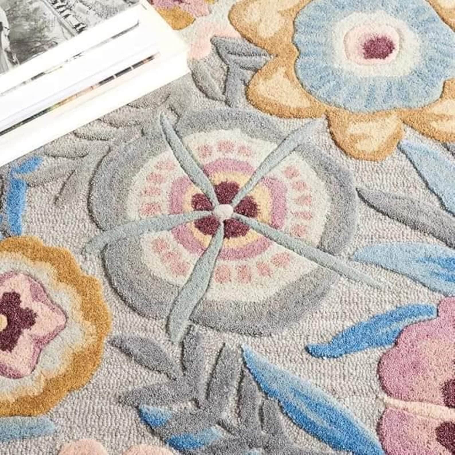 Handmade 5×8 Tufted Floral Wool Rug – Rainbow Colorful Blue Living Room Carpet