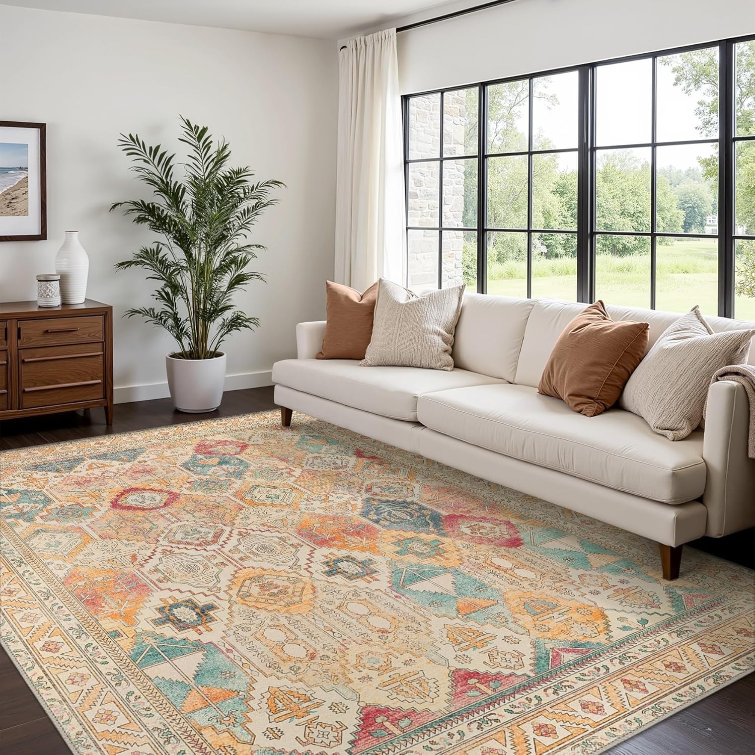 Chenille Low Pile Washable Rug 8×10 – Stylish Non-Slip Carpet for Living Room