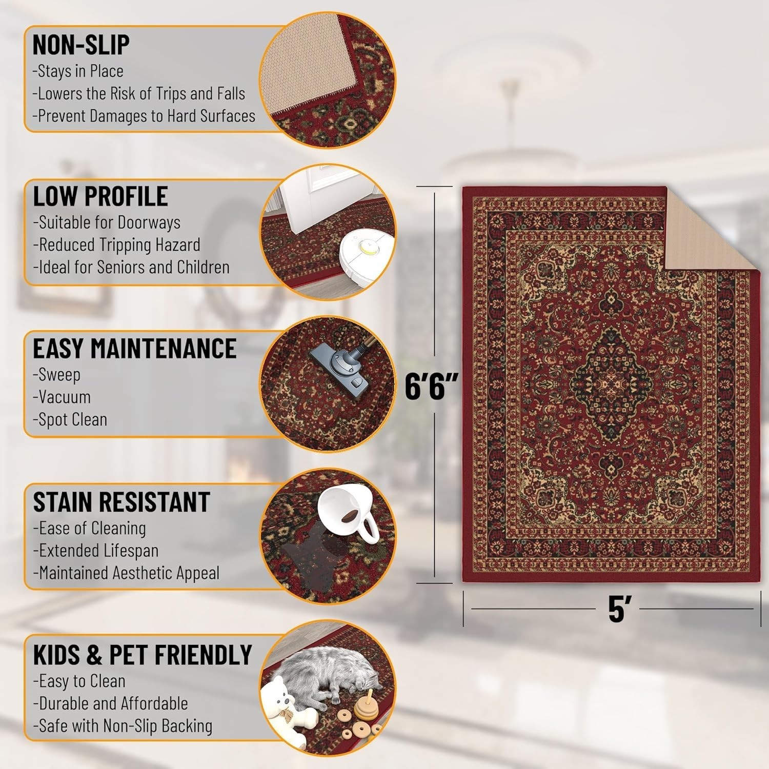 5′ x 6’6″ Area Rug Non Slip Durable Indoor Carpet Red