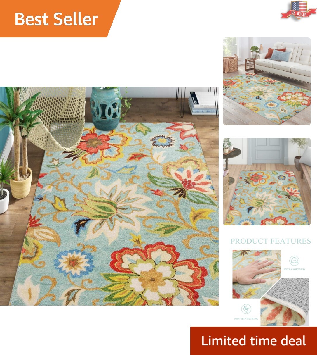 Boho Floral Area Rug 4’x6′ – Lightweight Washable Rug for Versatile Room Decor