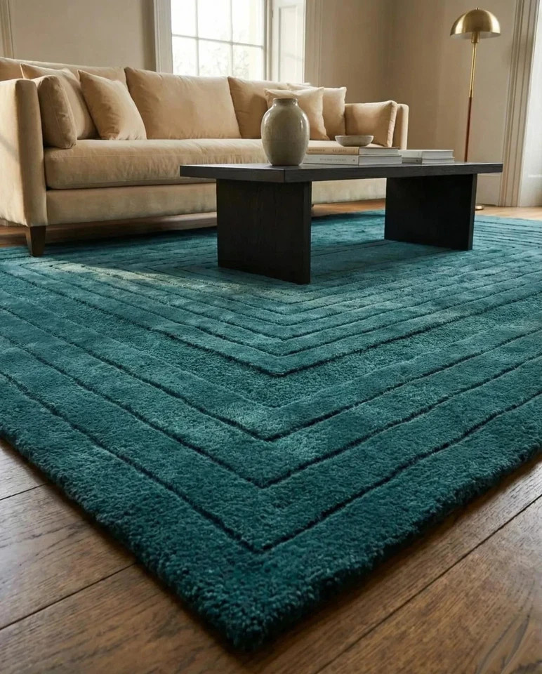 Nordic Style Hand Tufted Teal Blue Rug Modern Geometric Wool Area Carpet