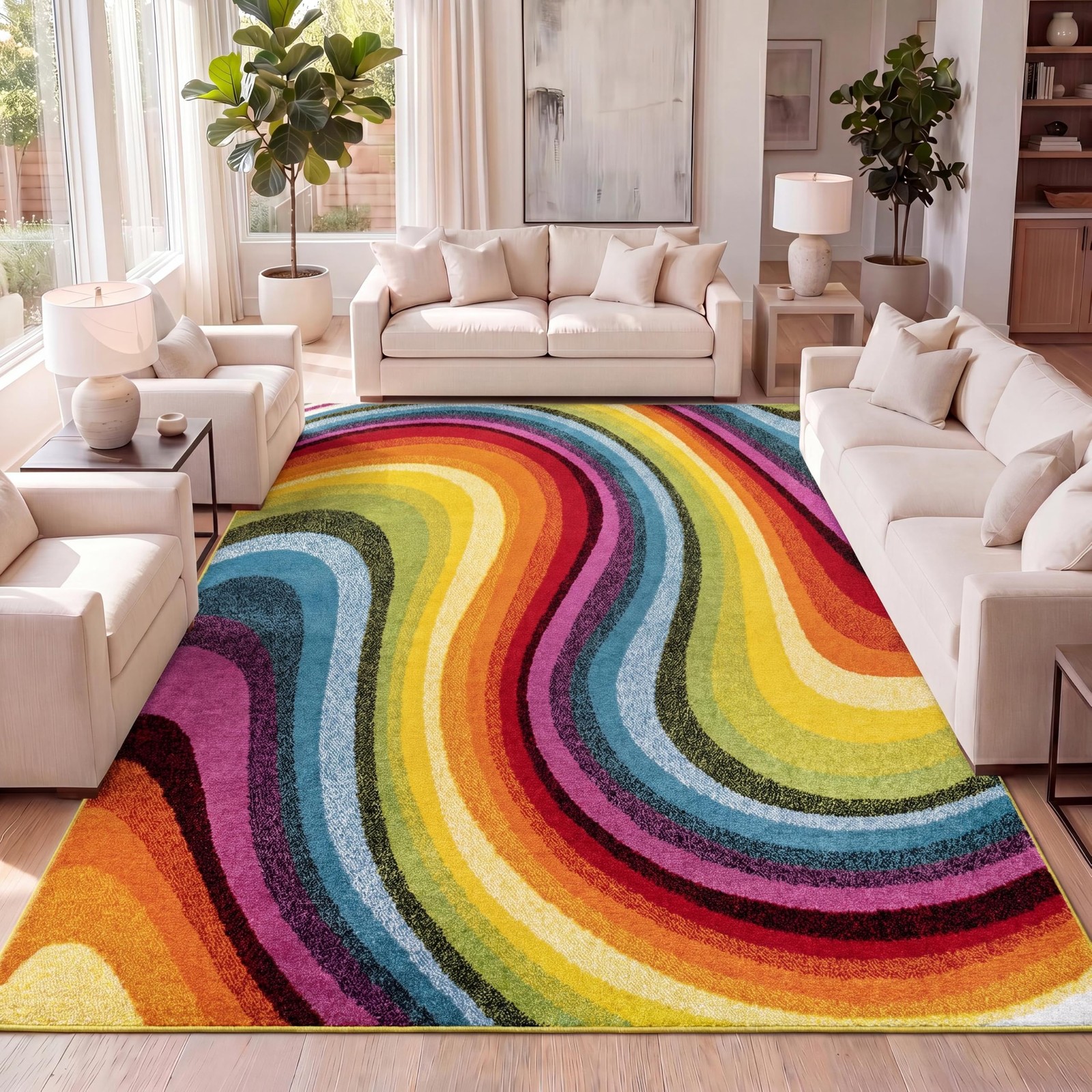 Flow Abstract Swirl Indoor Area Rug 3×5, Red/Yellow/Blue, Modern, Coastal, Ea…