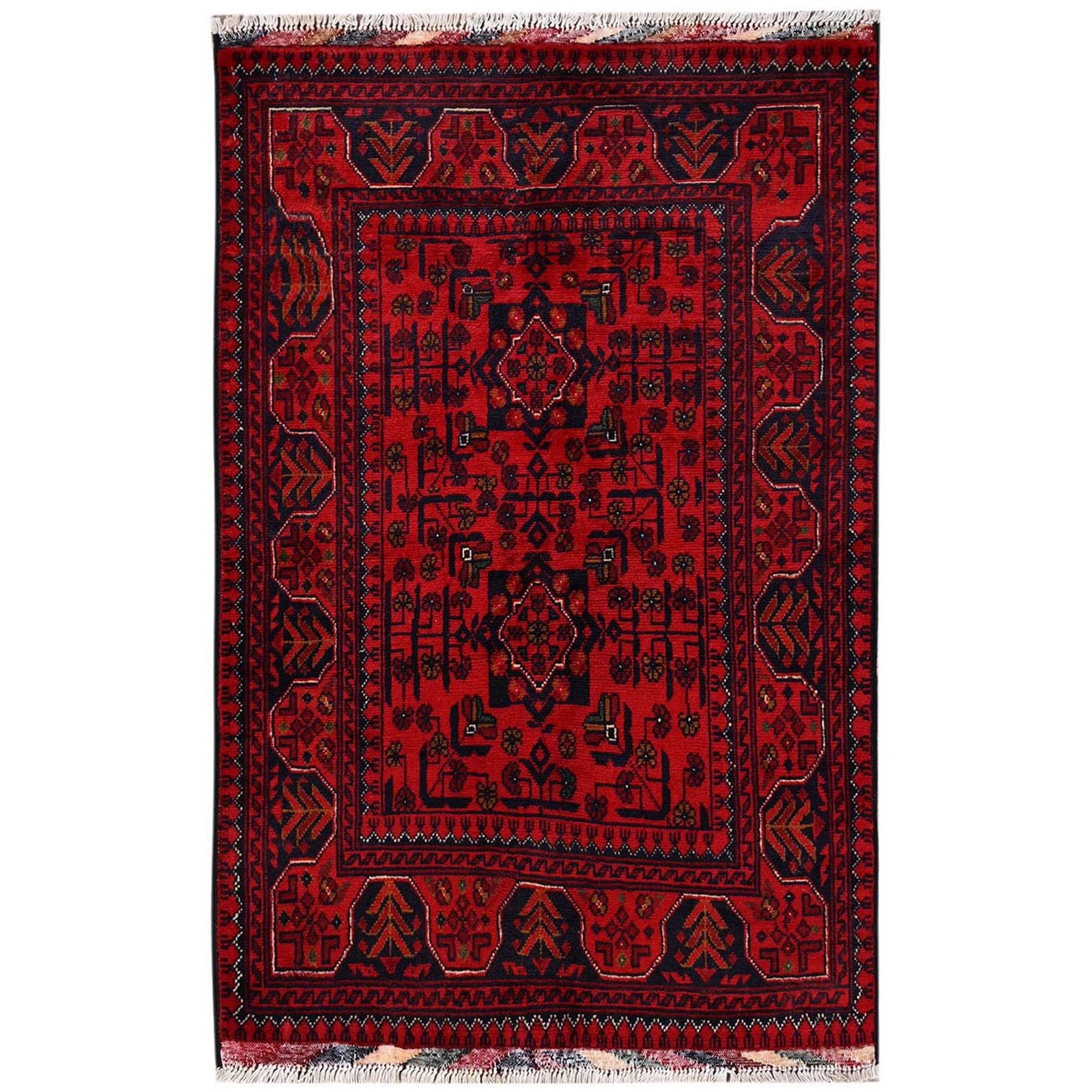 2’8″x4′ Red Afghan Andkhoy with Geometric Motif Soft Wool Hand Knotted Mat Rug