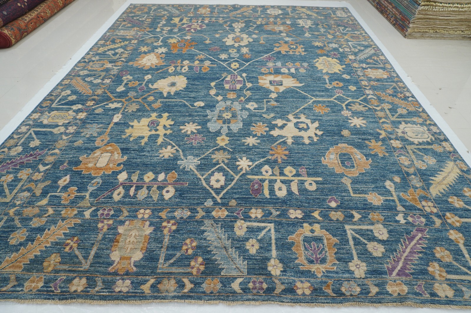 10 x 14 ft Muted Blue Turkish Oushak Hand Knotted Wool Area Rug 9’10″x13’4″