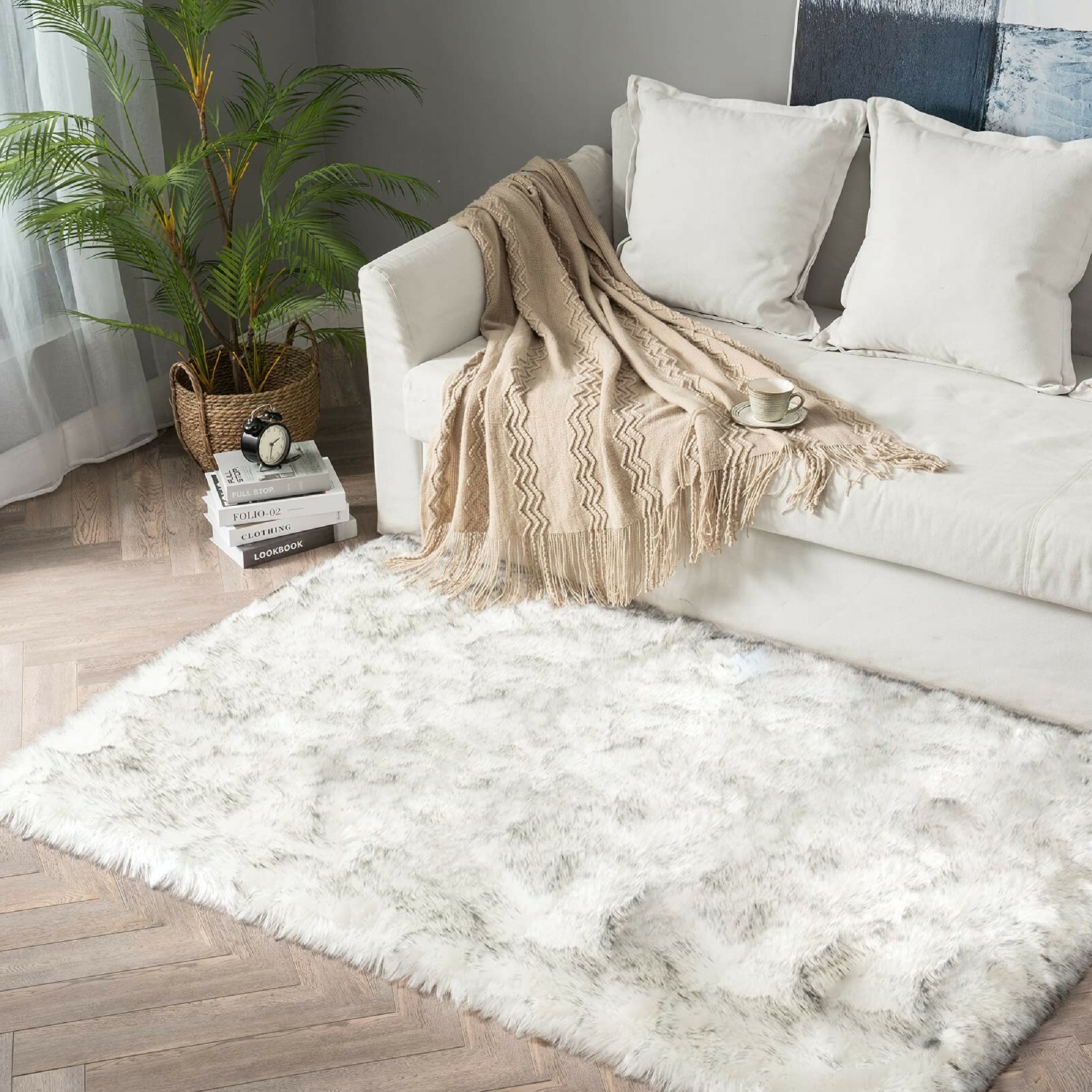 White/Gray Fluffy Faux Fur Sheepskin Shag Area Rug Soft Runner Rectangle/Round