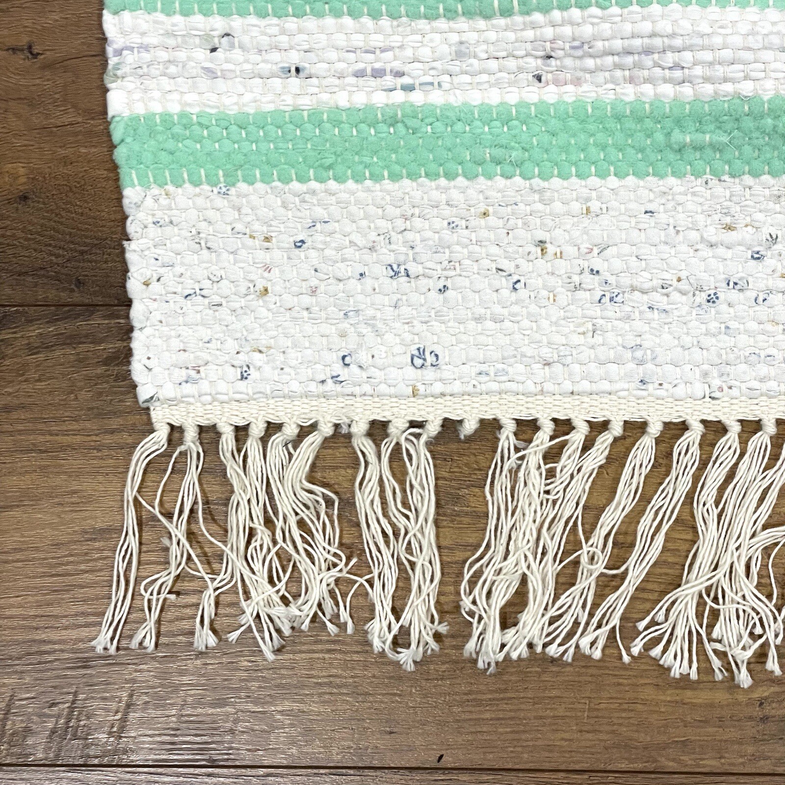 NEW Handmade Woven Rag Rug 20×26 Fringe Tassel Throw Cotton Striped Green Ivory