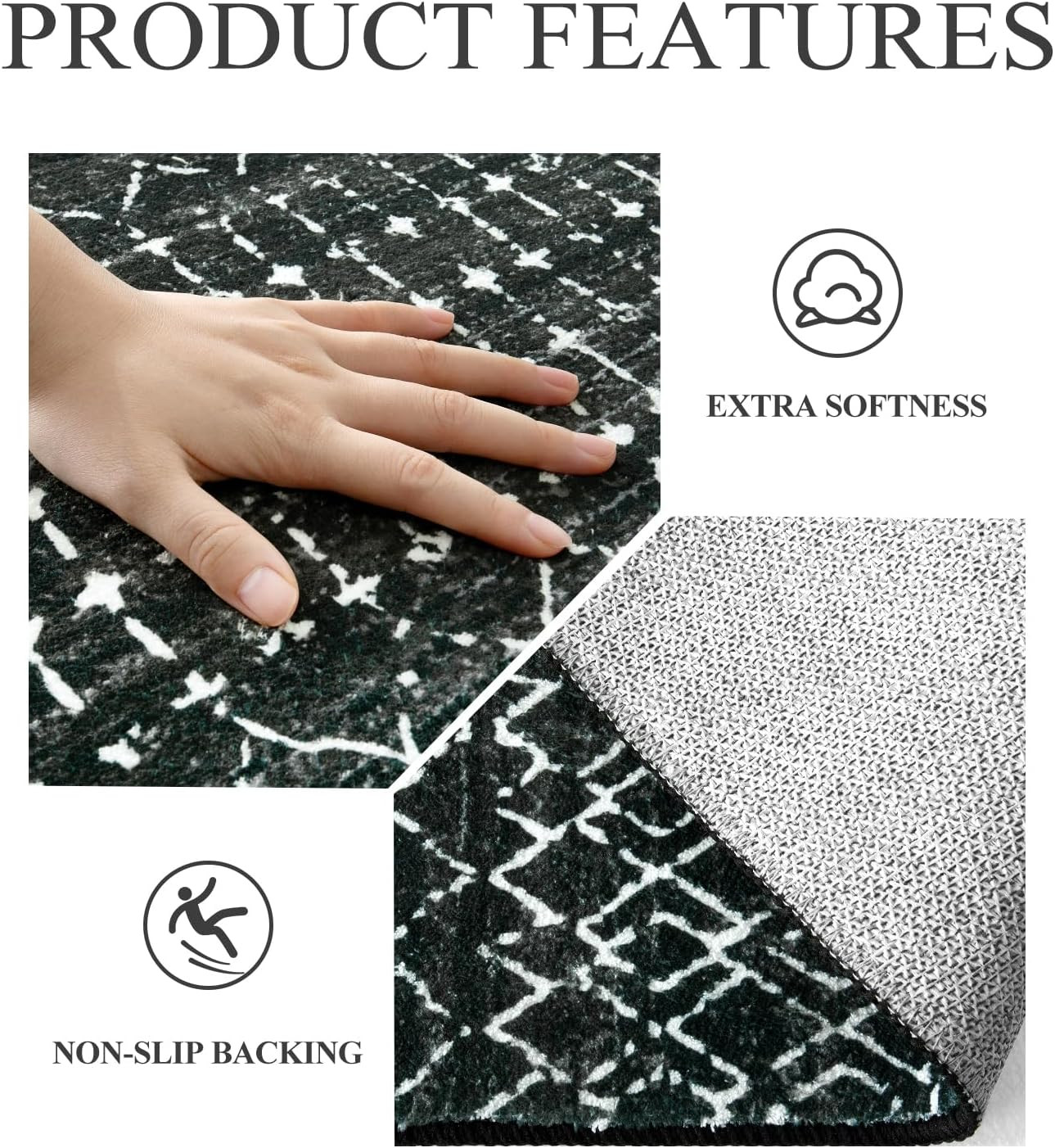 Moroccan Black Area Rug for Living Room 3X5 Non-Slip Washable Stain Resistant La