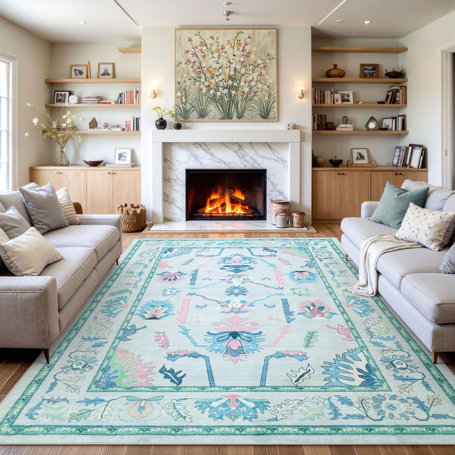 Uphome Living Room Rug 8×10 Rug, Teal Oushak Washable Rugs for Bedroom Aesthe…
