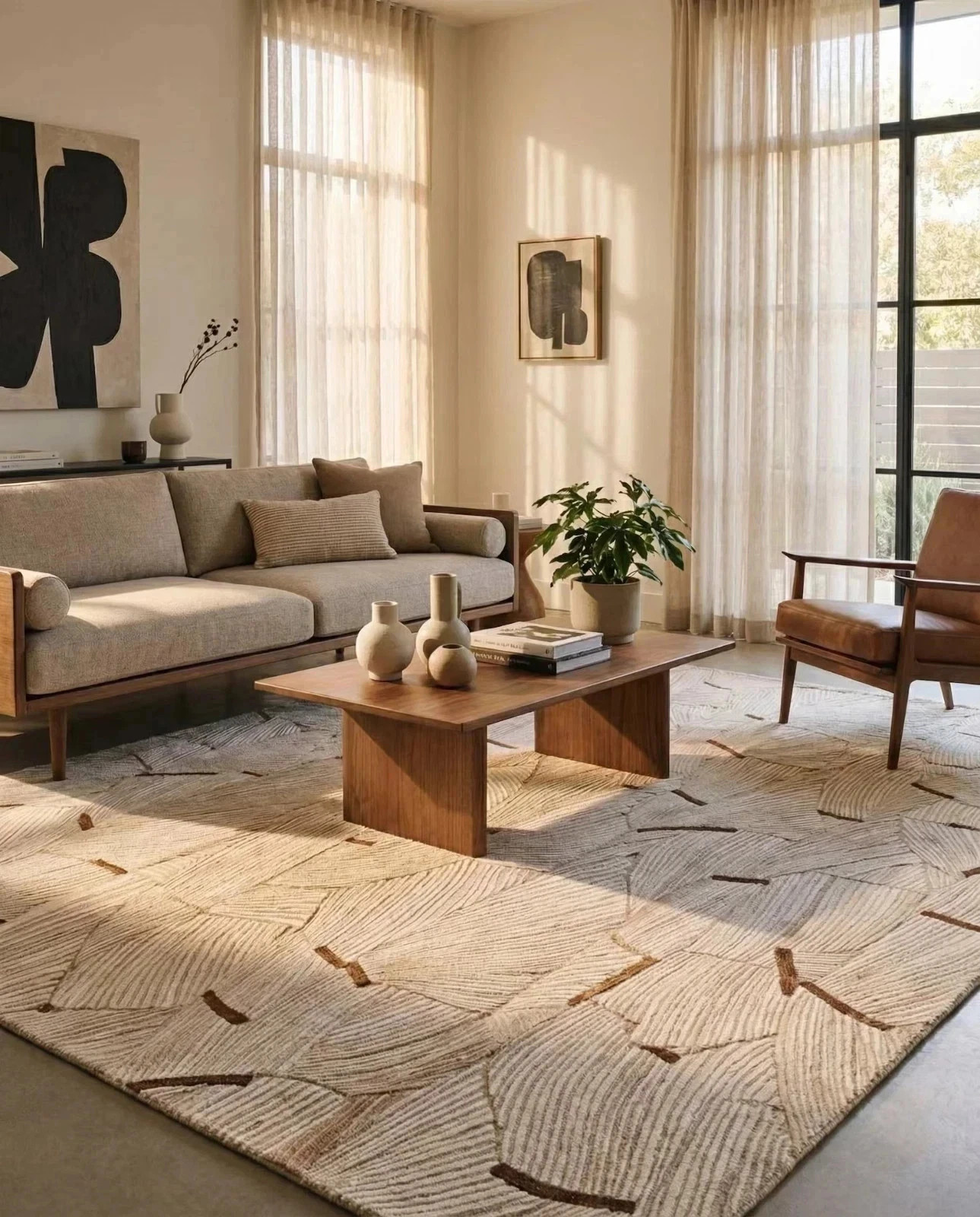 Hand Tufted Wool Rug Abstract Modern Beige Area Rug Geometric for home Decor Rug