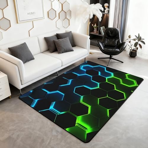 3D Abstract Hexagon Area Rug 5×6’6” Blue Green Neon Light Geometric Plaid Rug