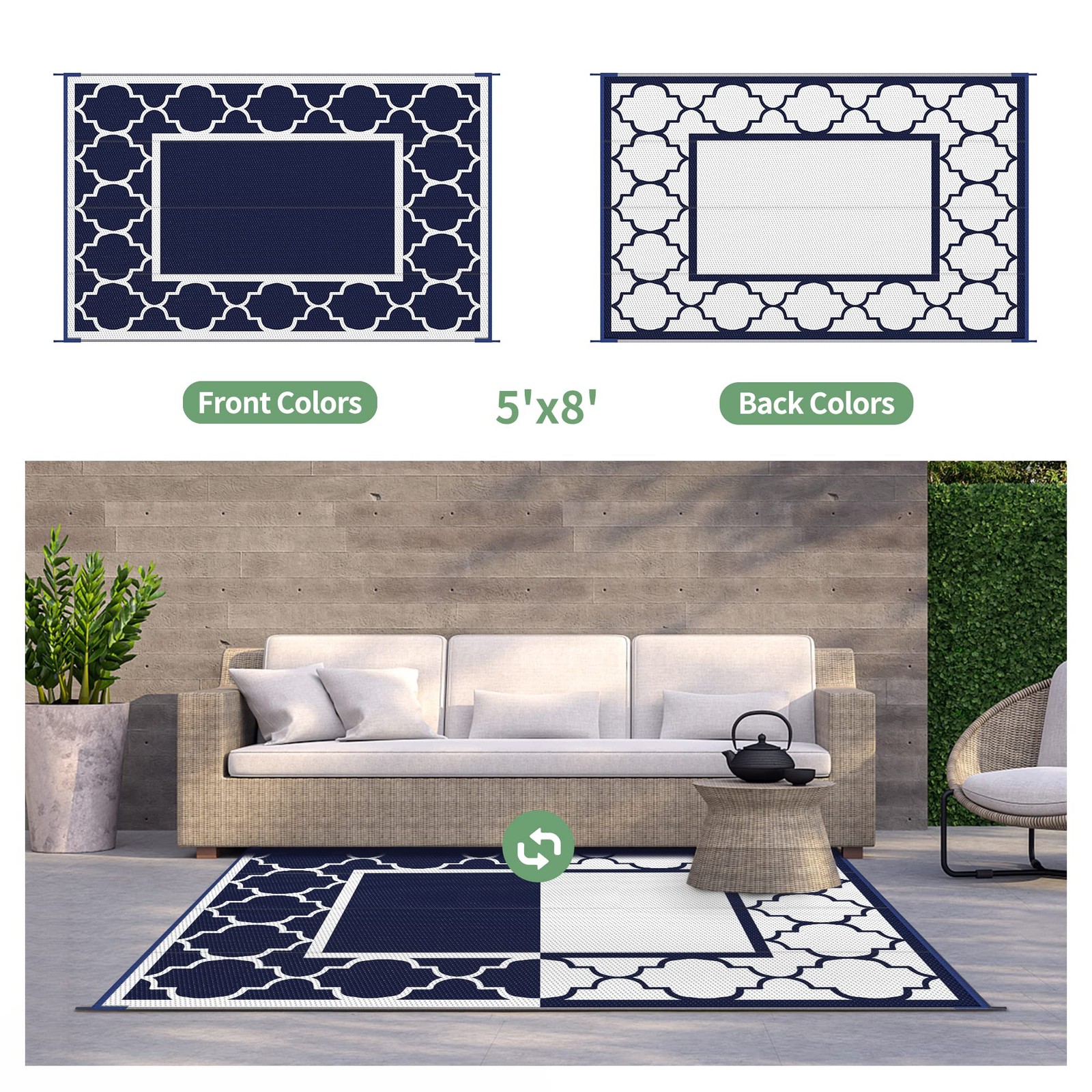 Outdoor Rug 5×8 Patio Waterproof Plastic Straw Mat RV Camper Deck Porch Picnic B