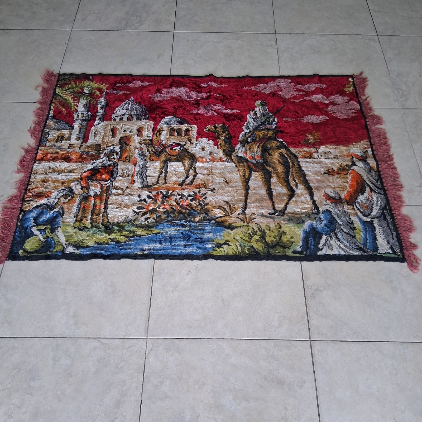 Vintage Arabian Nights Tapestry Rug Wall Hanging 58 x 37 in Middle Eastern