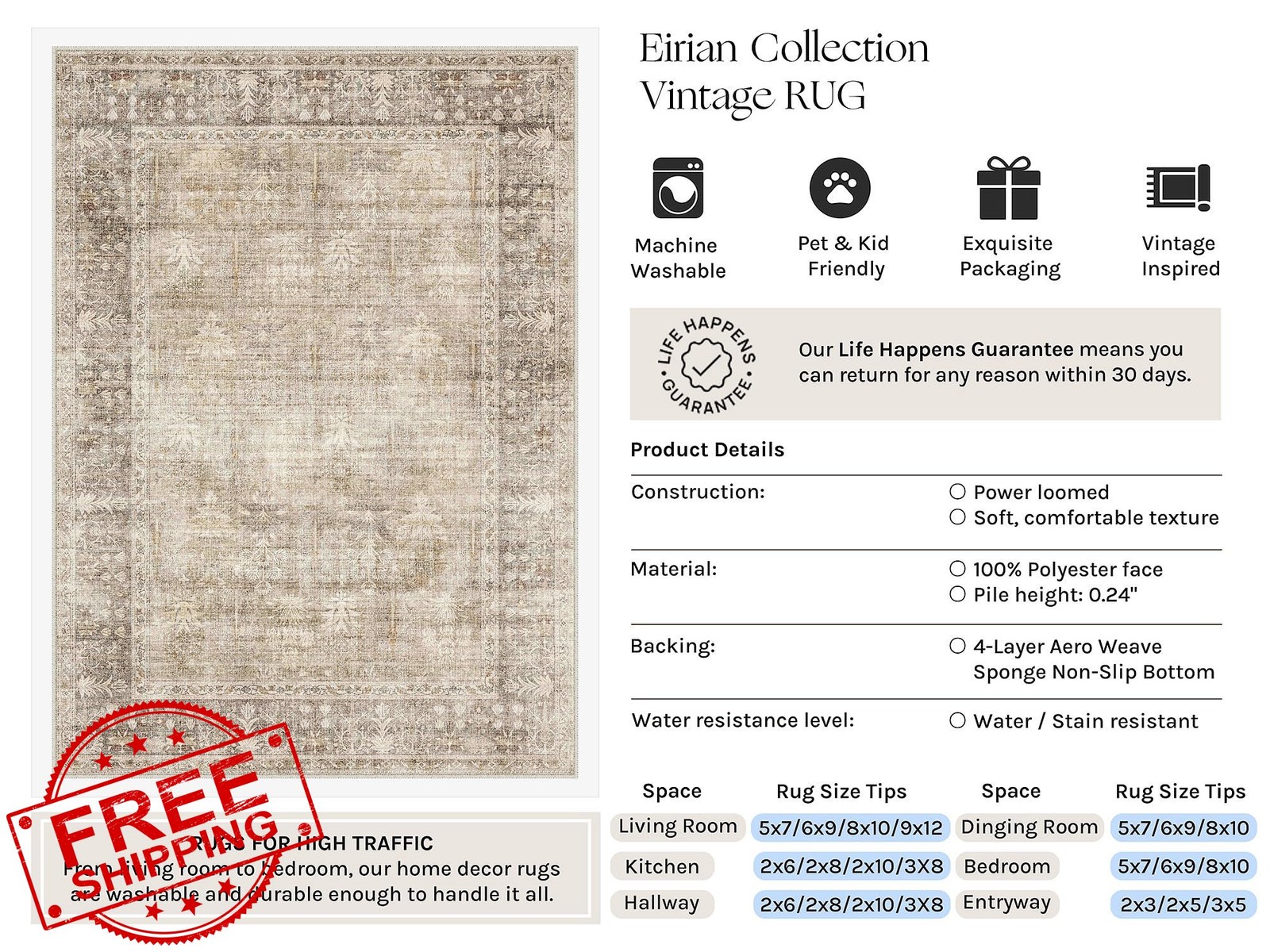 HUGEAR Beige 2×3 Rug Vintage