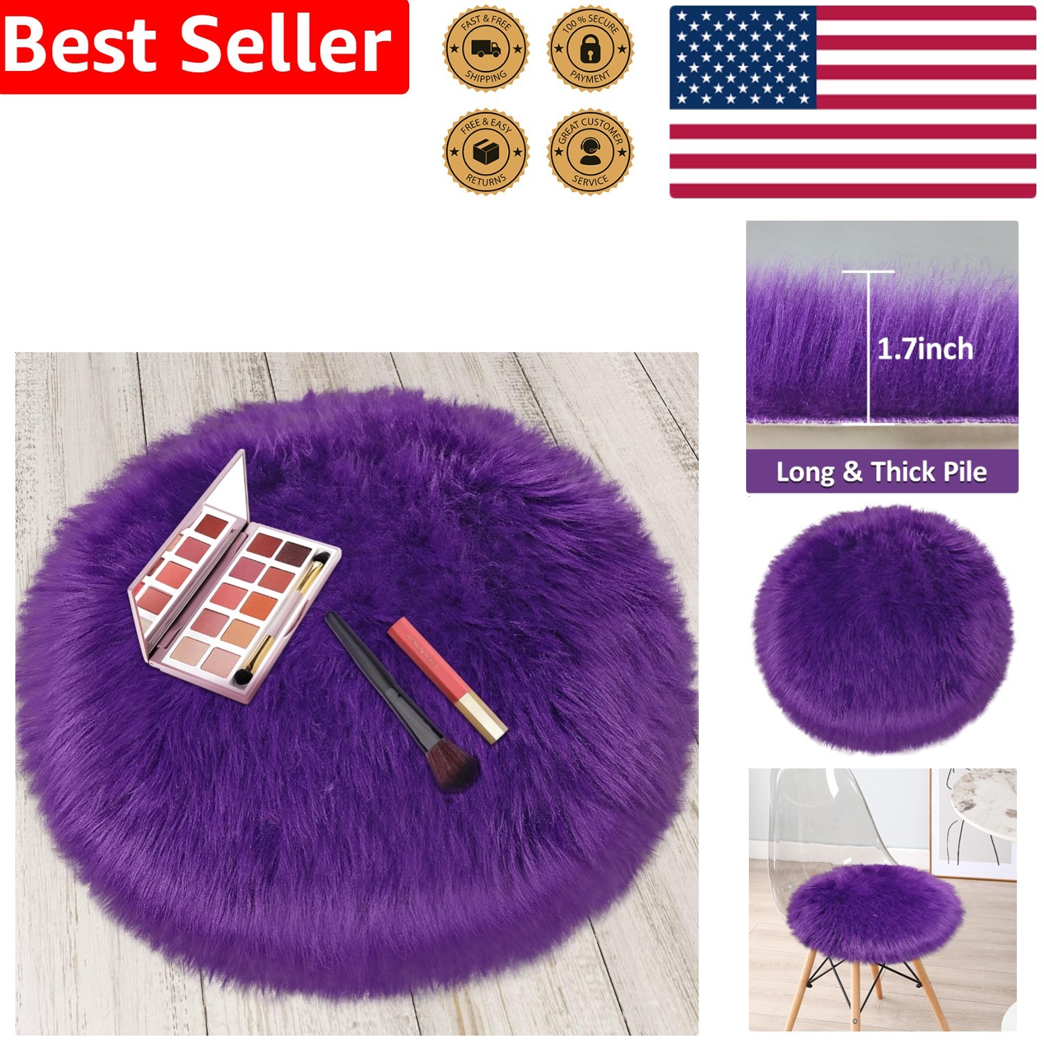 Faux Sheepskin Circle Rug 2ft Purple Plush Shaggy Mat Seat Pad Sofa Throw Decor