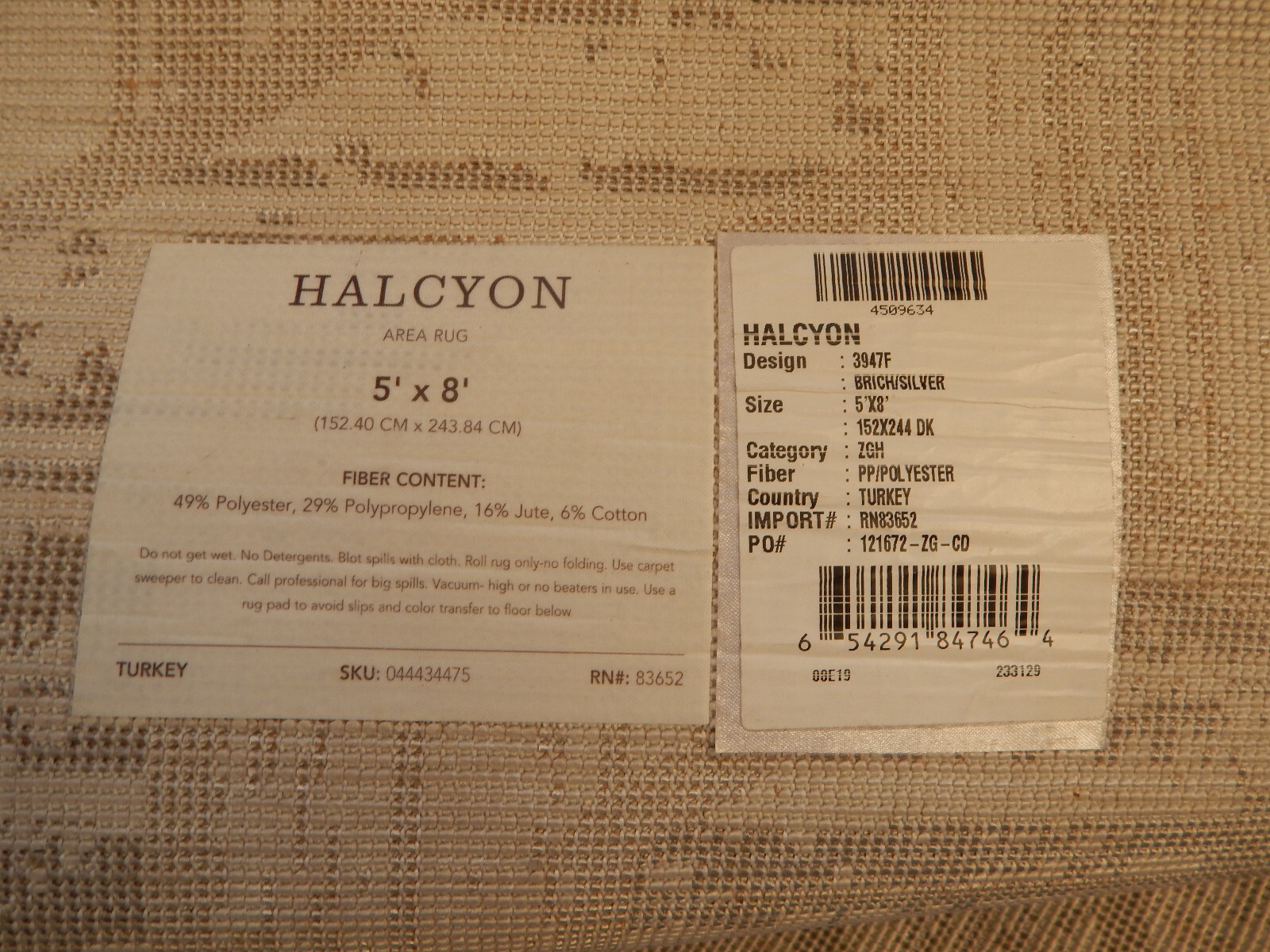 Halcyon Area Rug 5’x8′ Made in Turkey Birch/Silver RN83652 PP/Polyester
