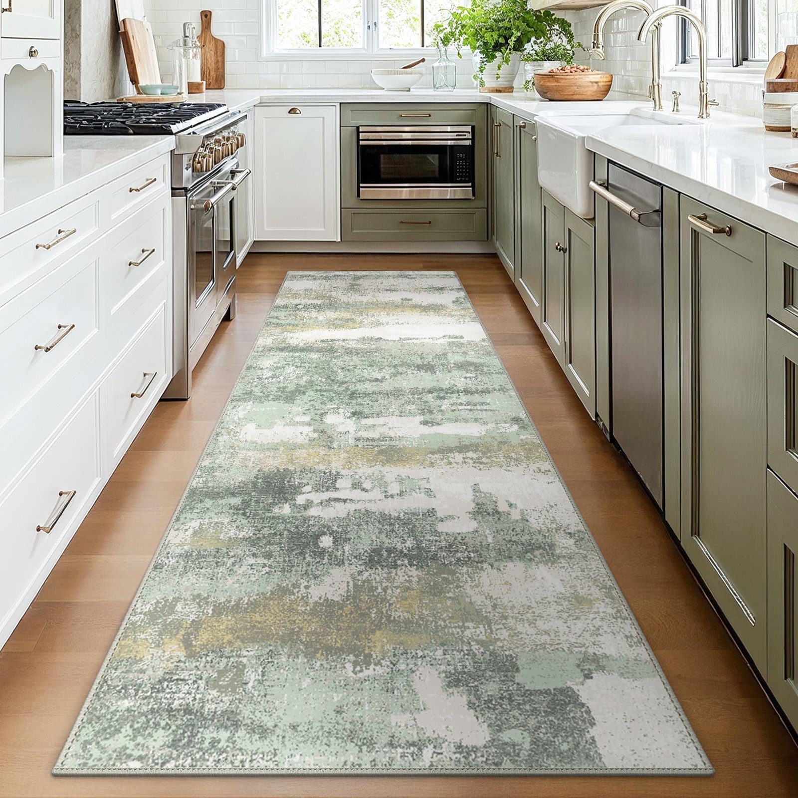 Runner Rug for Hallway Kitchen, 2’6″ x 12′ (Rectangular) Light Green/Cream