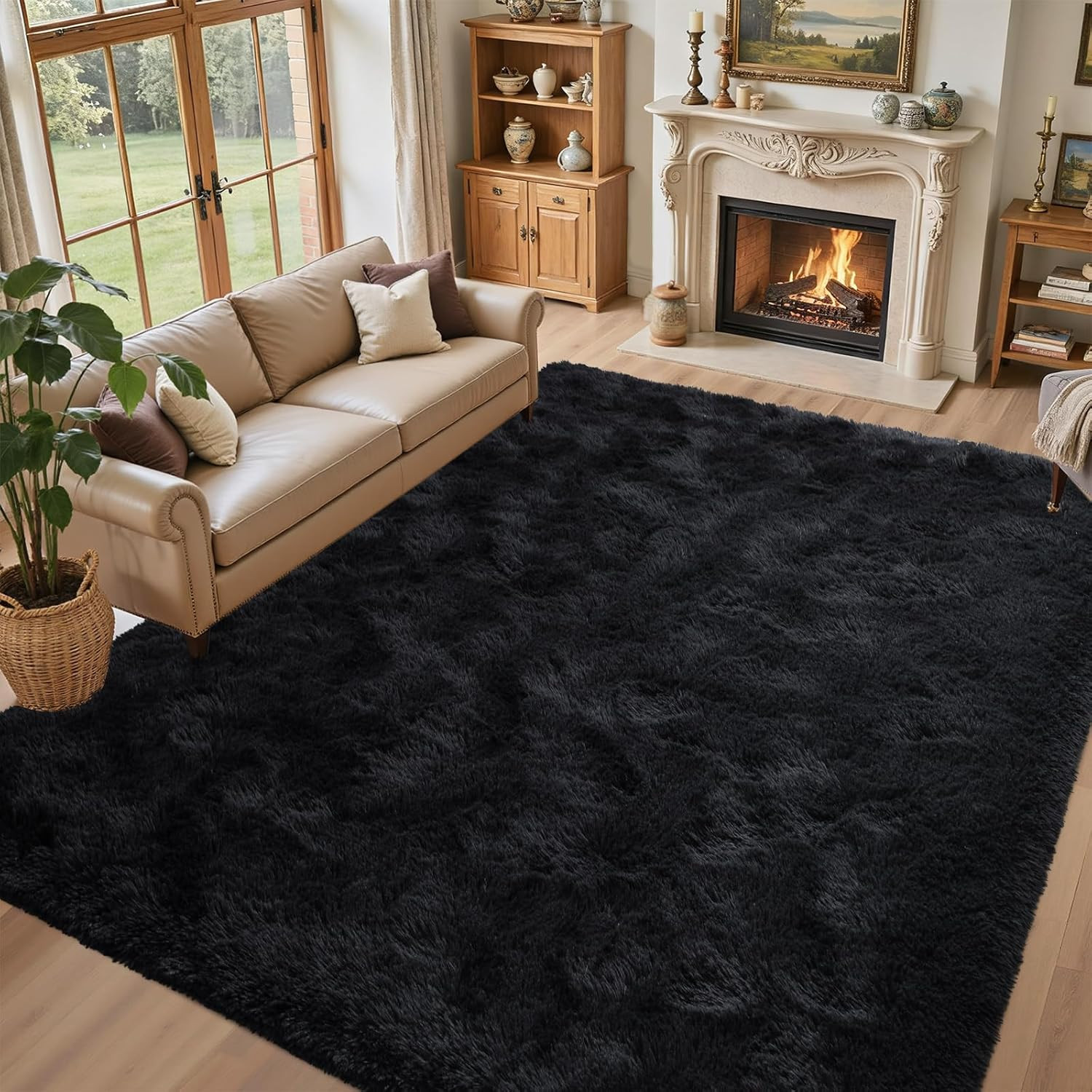5X7 Black Area Rugs for Living Room, Large Fluffy Shag Bedroom Rugs Non-Slip, Ul