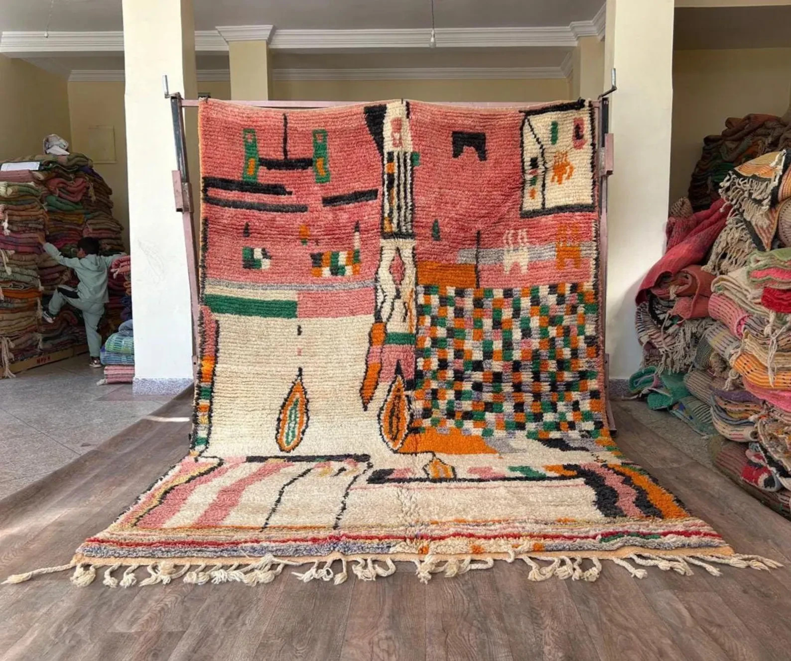 Handmade Moroccan Boujaad Wool Rug Geometric Design Pink Orange White Carpet Rug